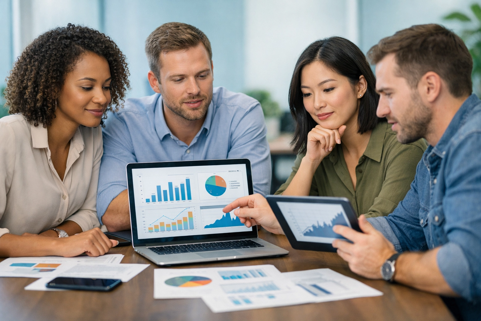 Equipo profesional evaluando programas de afiliados en laptops y tabletas