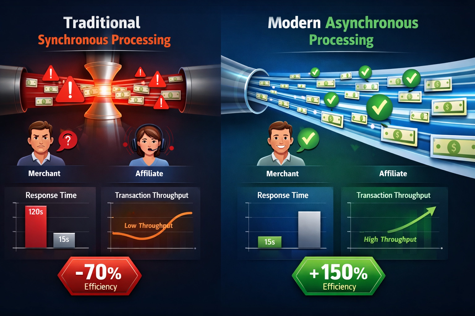 Performance comparison visualization showing traditional vs modern payout processing