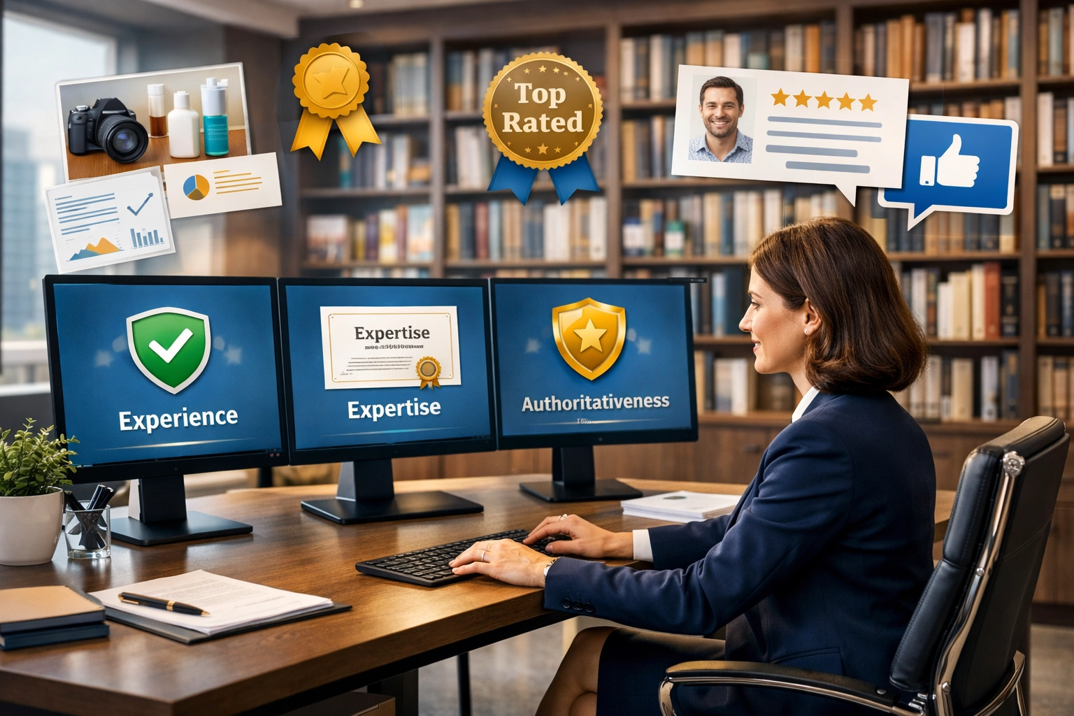 Visualización de calidad de contenido y principios E-E-A-T mostrando experiencia y confiabilidad