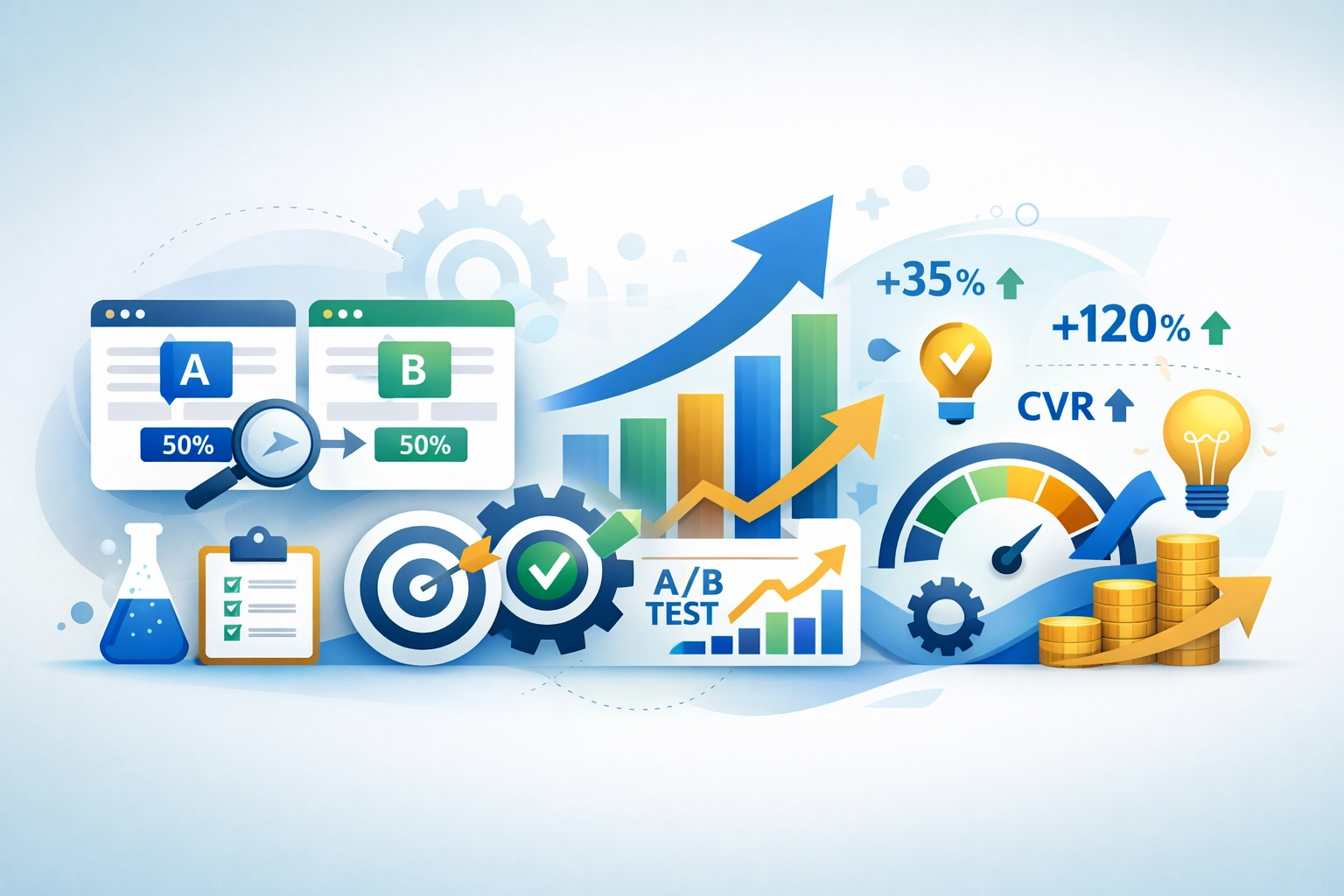 Visualización de crecimiento y optimización mostrando pruebas A/B y mejora continua