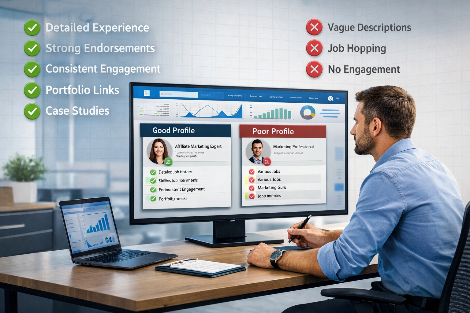 Visualización de lista de verificación para análisis de perfiles mostrando señales positivas y de alerta para afiliados