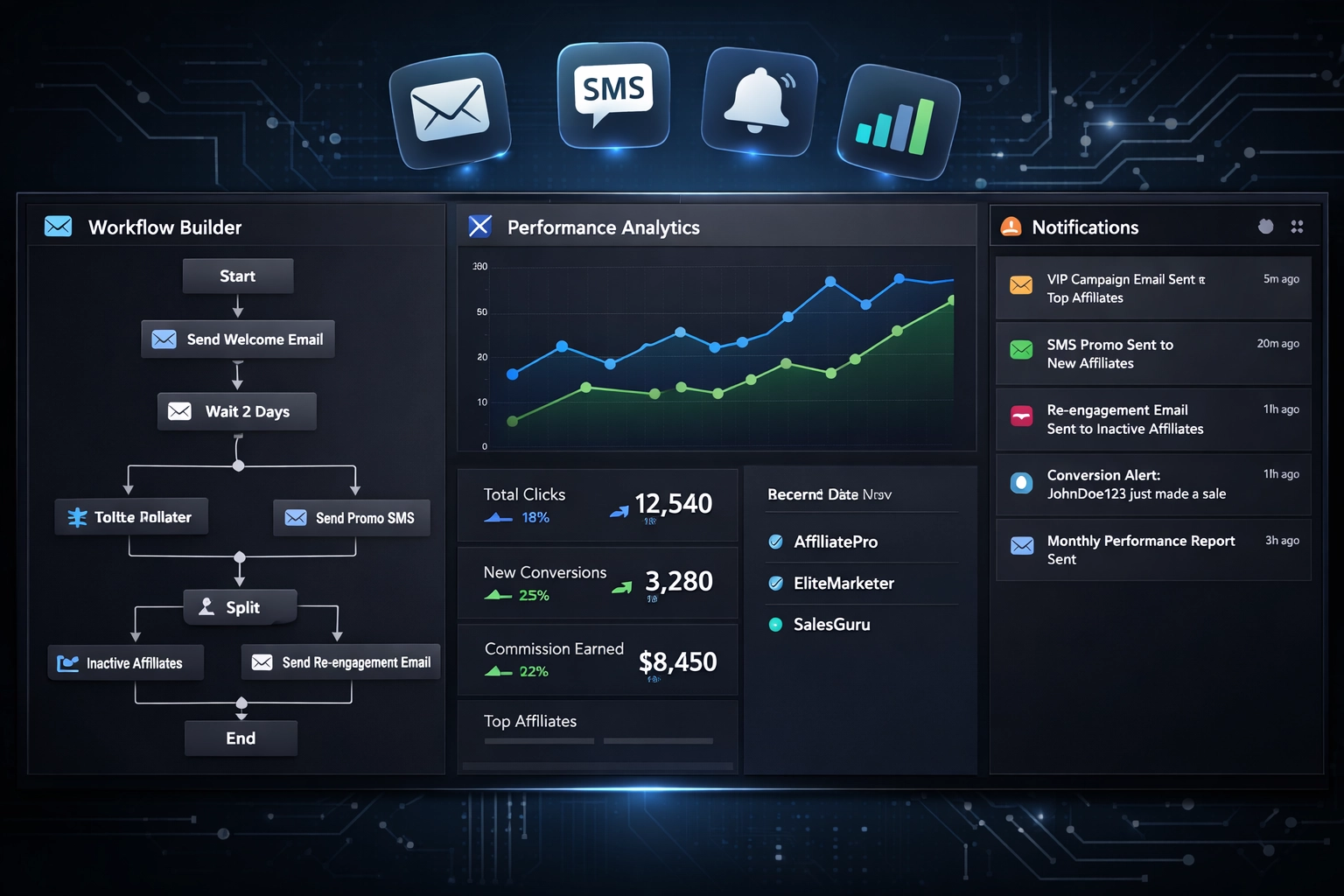 Automated affiliate communication workflow dashboard