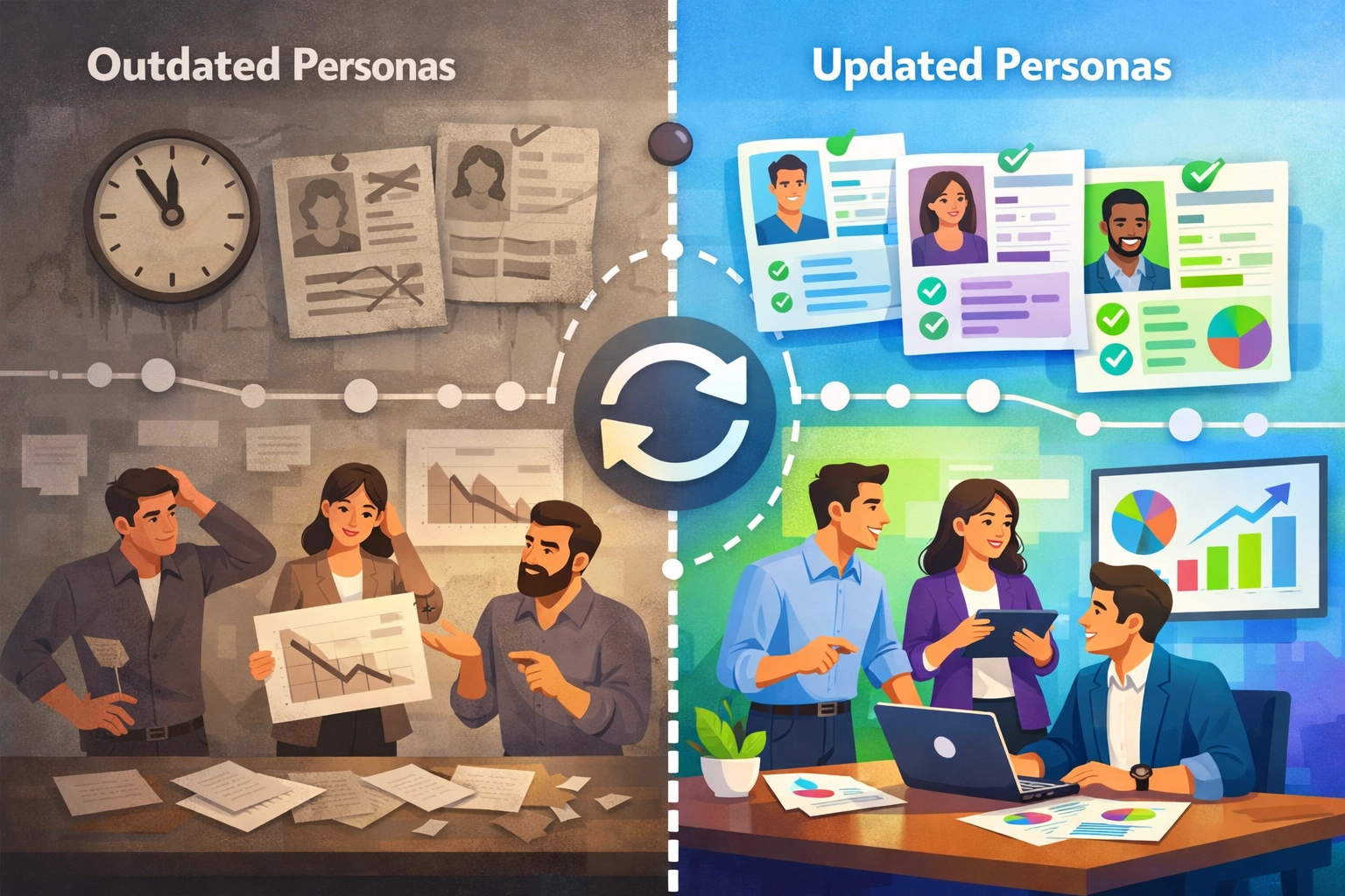 Comparación de buyer personas actualizadas vs desactualizadas mostrando la diferencia en precisión de datos y alineación empresarial