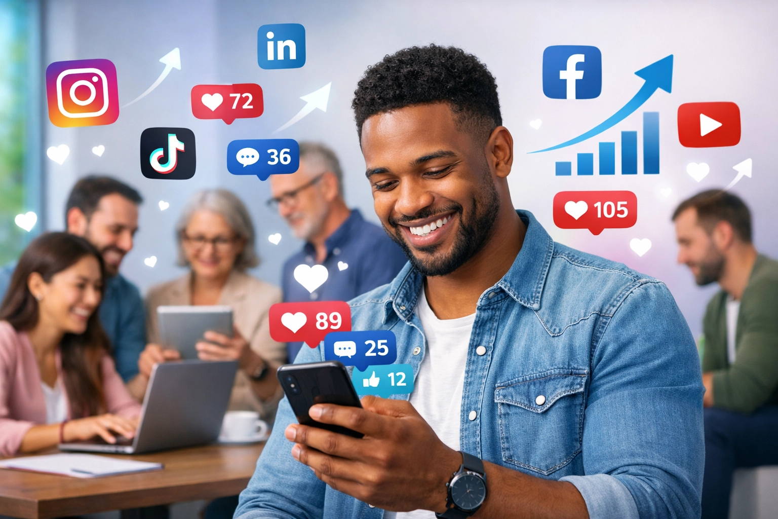 Emprendedores diversos interactuando con plataformas de redes sociales, rodeados de métricas de interacción e iconos de redes sociales