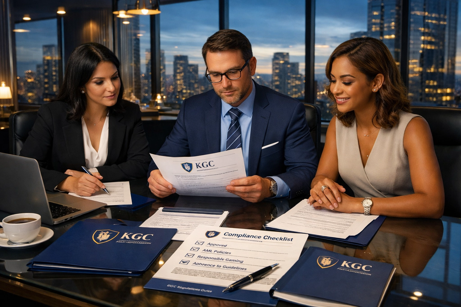 Equipo de cumplimiento revisando documentos regulatorios de la KGC