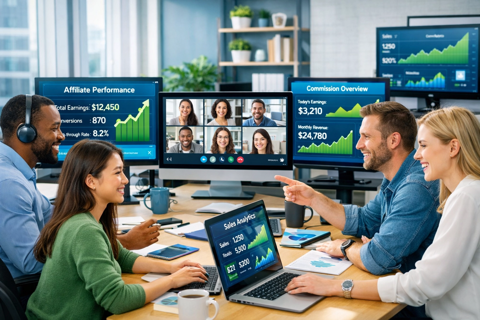 Equipo diverso de afiliados colaborando con paneles de análisis que muestran métricas de rendimiento exitosas