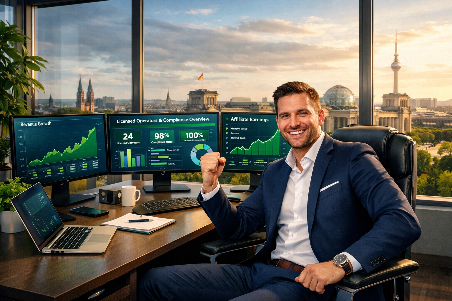 Afiliado exitoso celebrando el cumplimiento con gráficos de crecimiento y panel de operadores licenciados