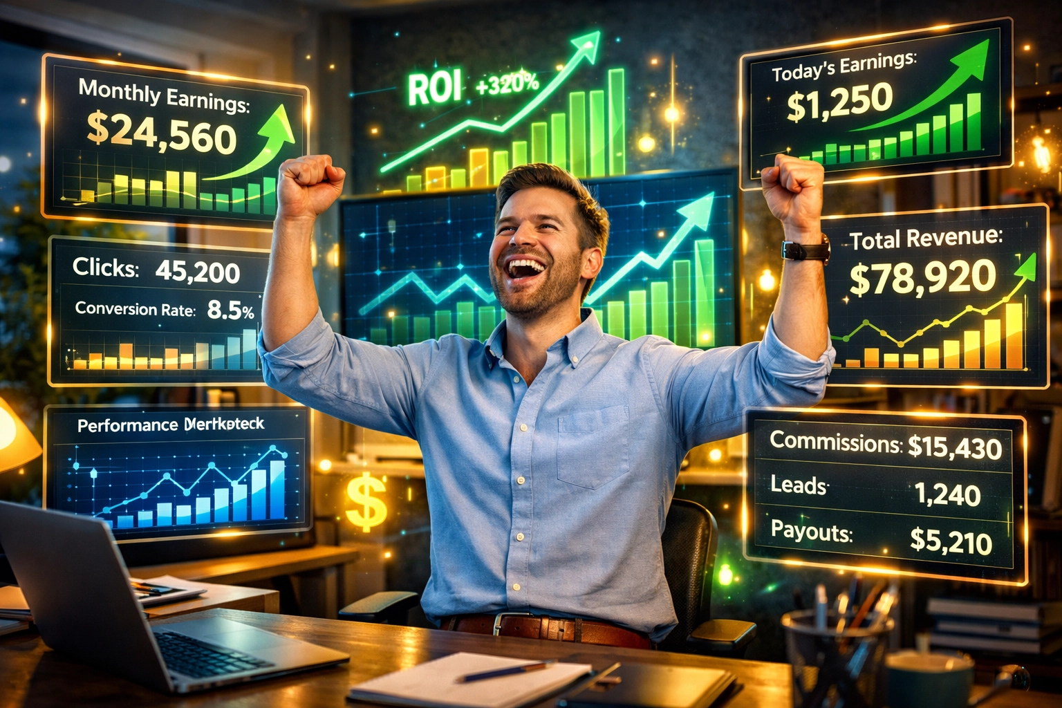 Marketer afiliado celebrando el éxito con métricas de crecimiento y paneles de análisis