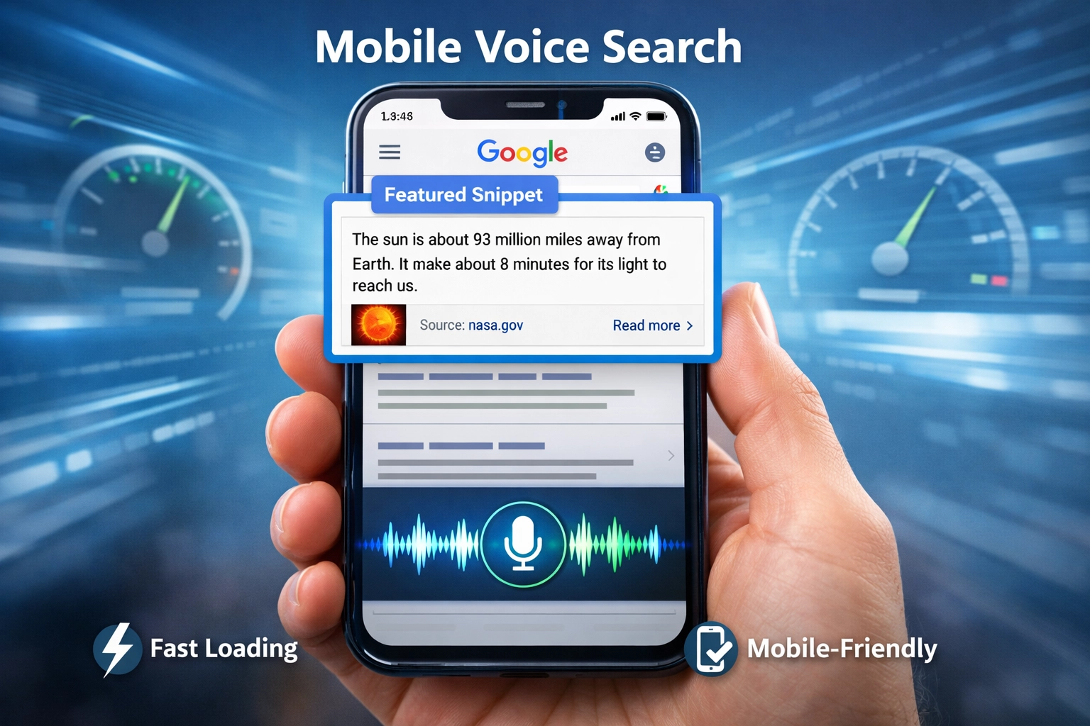 Mobile-first voice search optimization showing smartphone with featured snippet and fast loading indicators