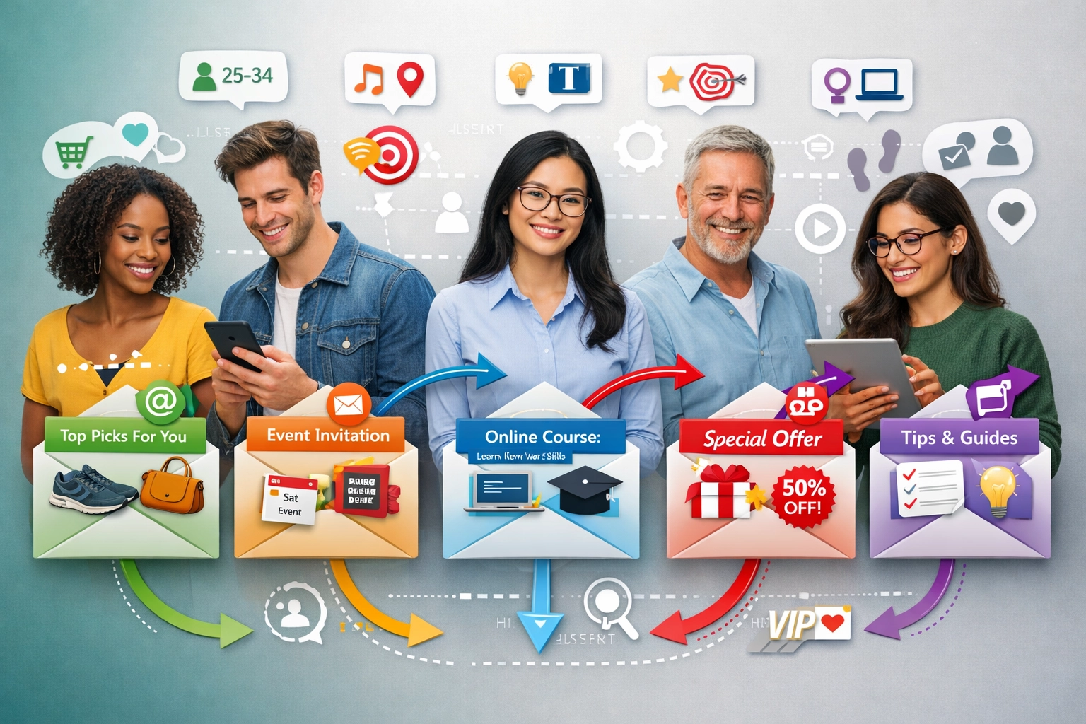 Visualización de segmentación y personalización de emails mostrando segmentación de audiencia diversa