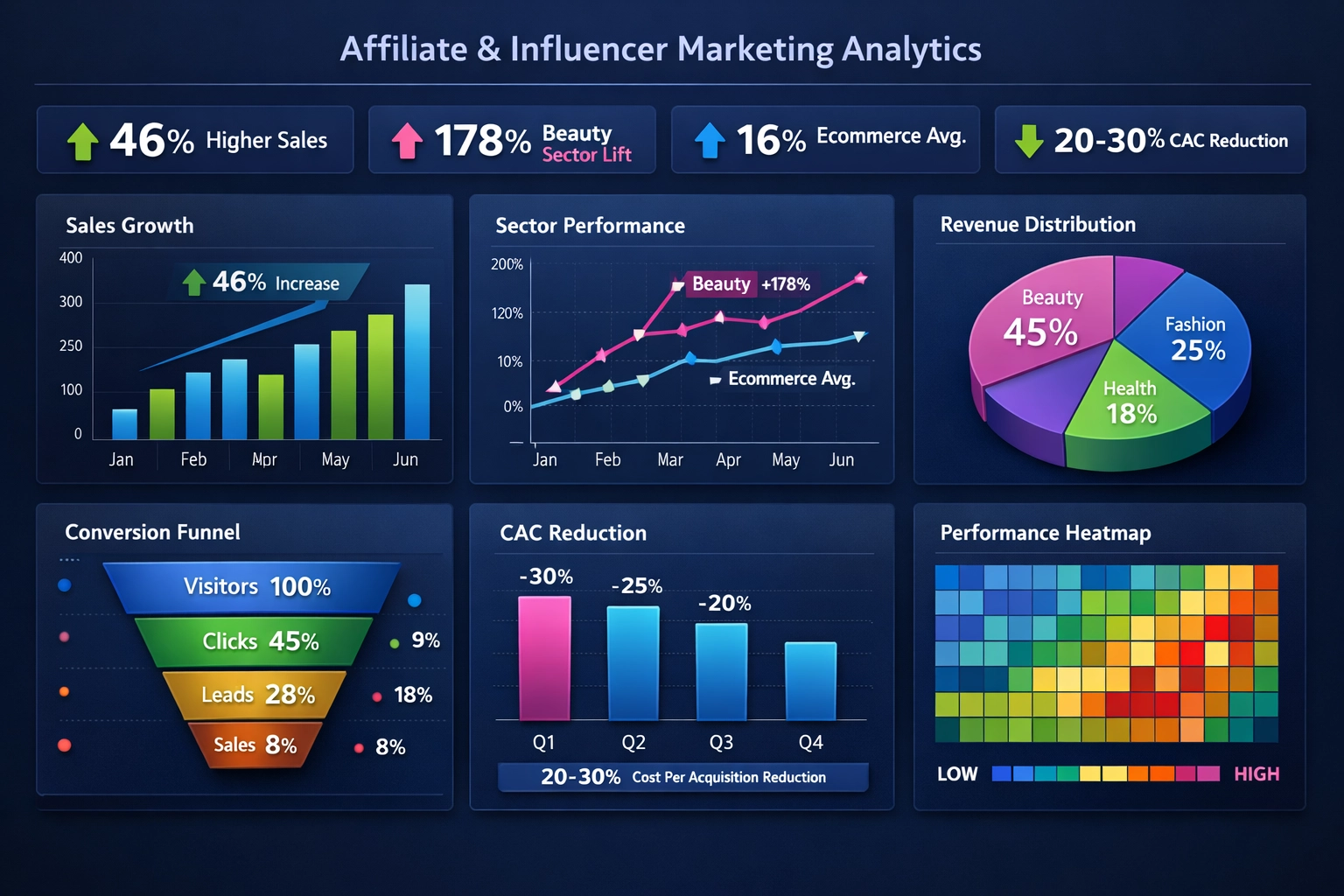 Panel de métricas de rendimiento mostrando un 46% más de ventas y análisis de ROI