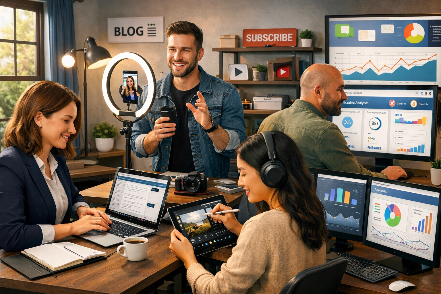 Afiliados y creadores de contenido diversos trabajando en diferentes plataformas digitales