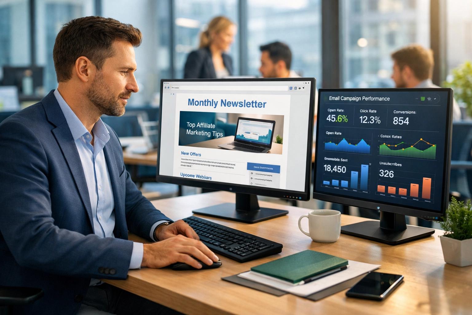 Gerente de afiliados revisando el boletín en la computadora con colaboración de equipo al fondo