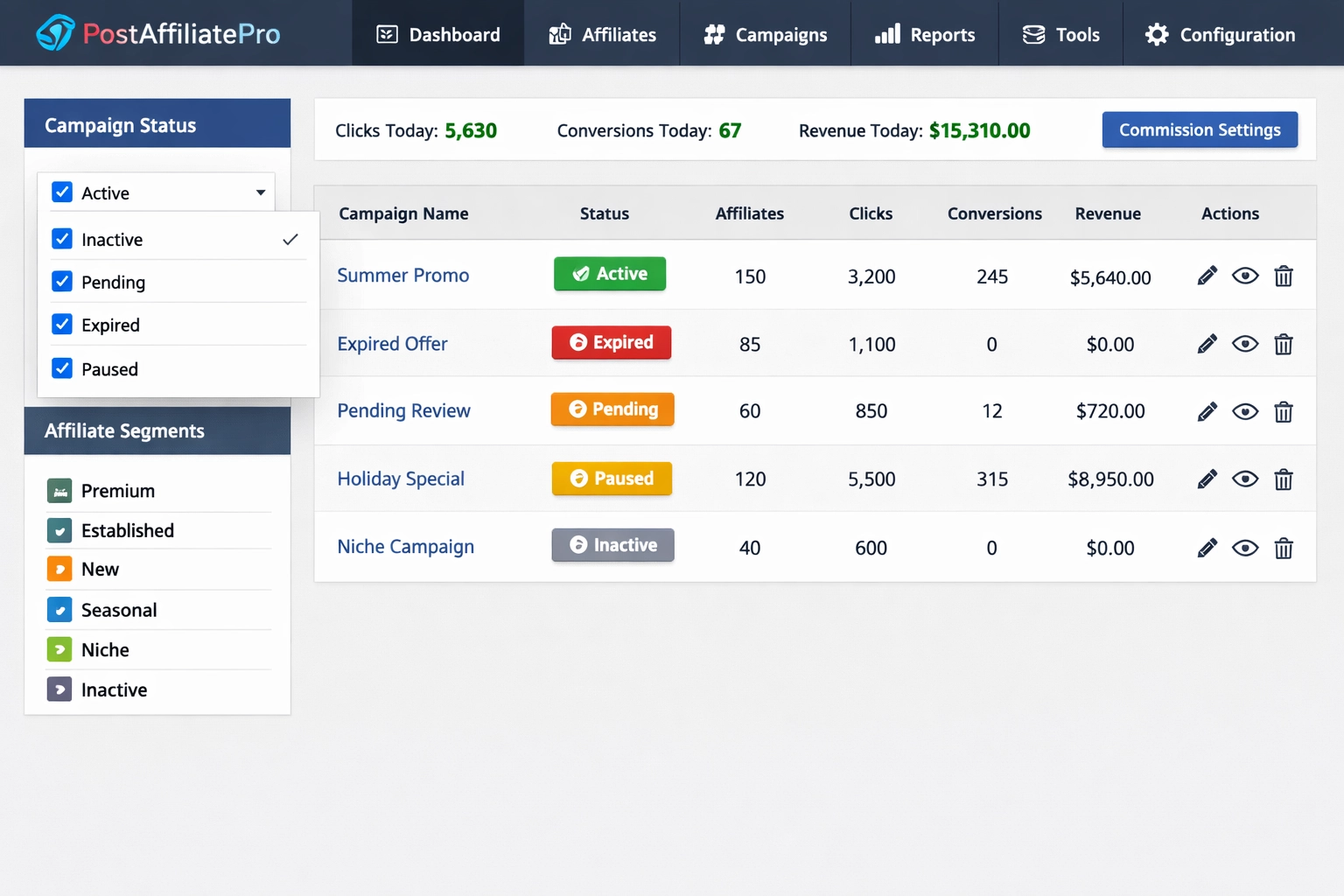 PostAffiliatePro interface showing campaign status filters and affiliate management features