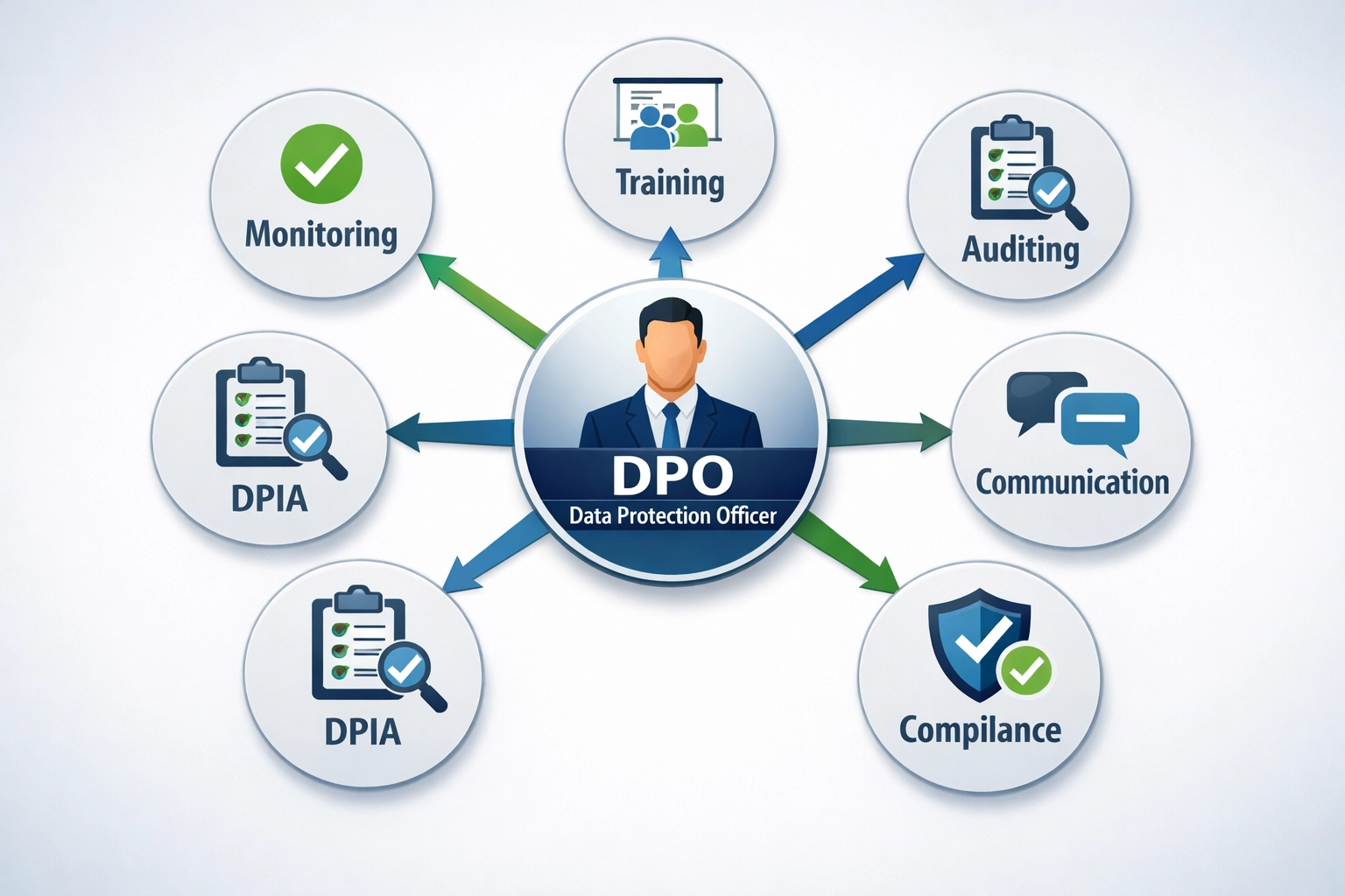 DPO responsibilities infographic showing monitoring, training, auditing, and compliance functions
