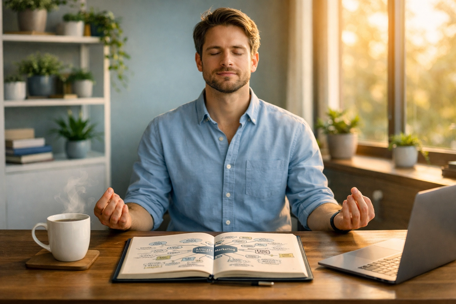 Marketer de afiliados meditando en oficina en casa con mapa mental y elementos de productividad