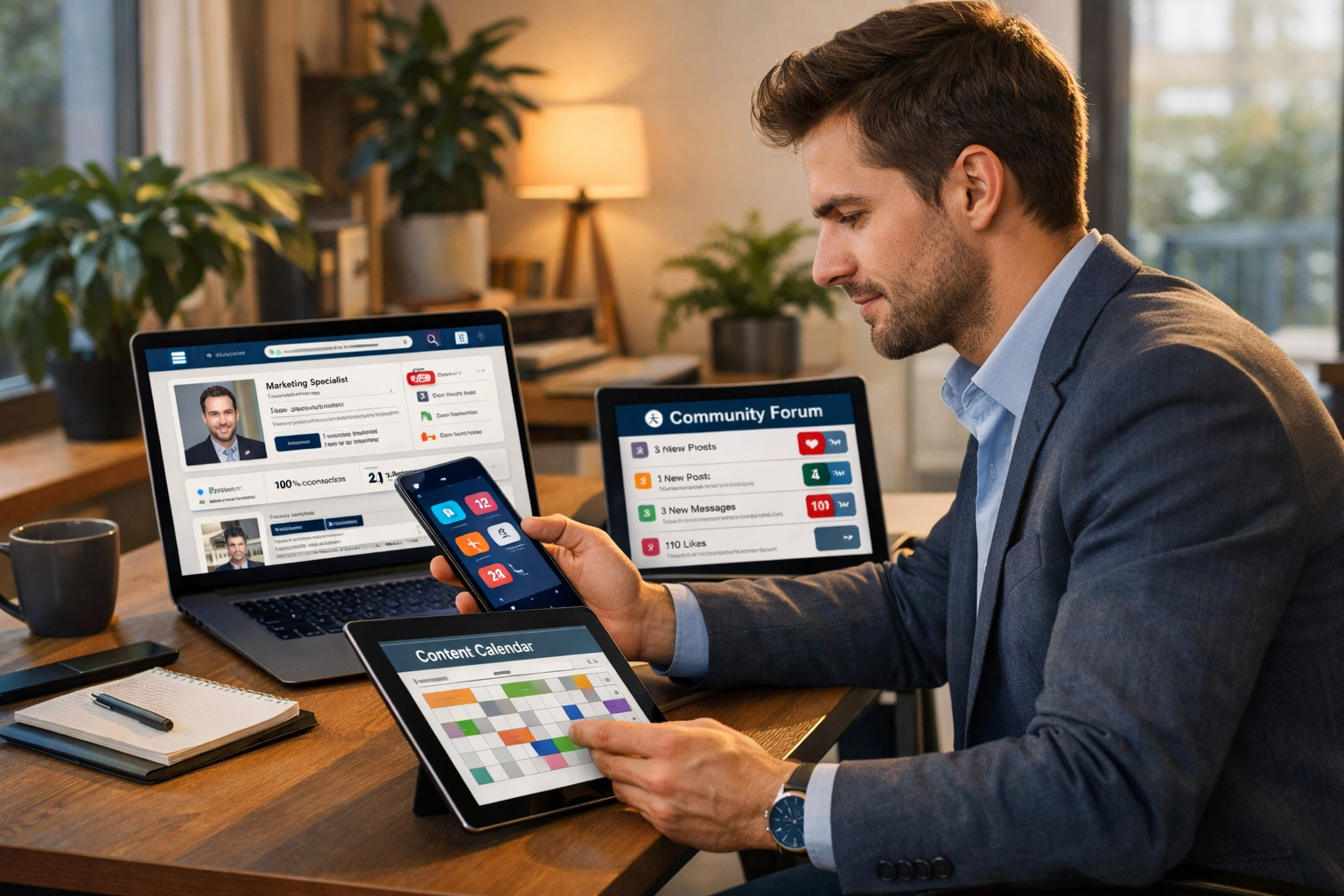 Profesional usando múltiples dispositivos para engagement en redes sociales y lead nurturing