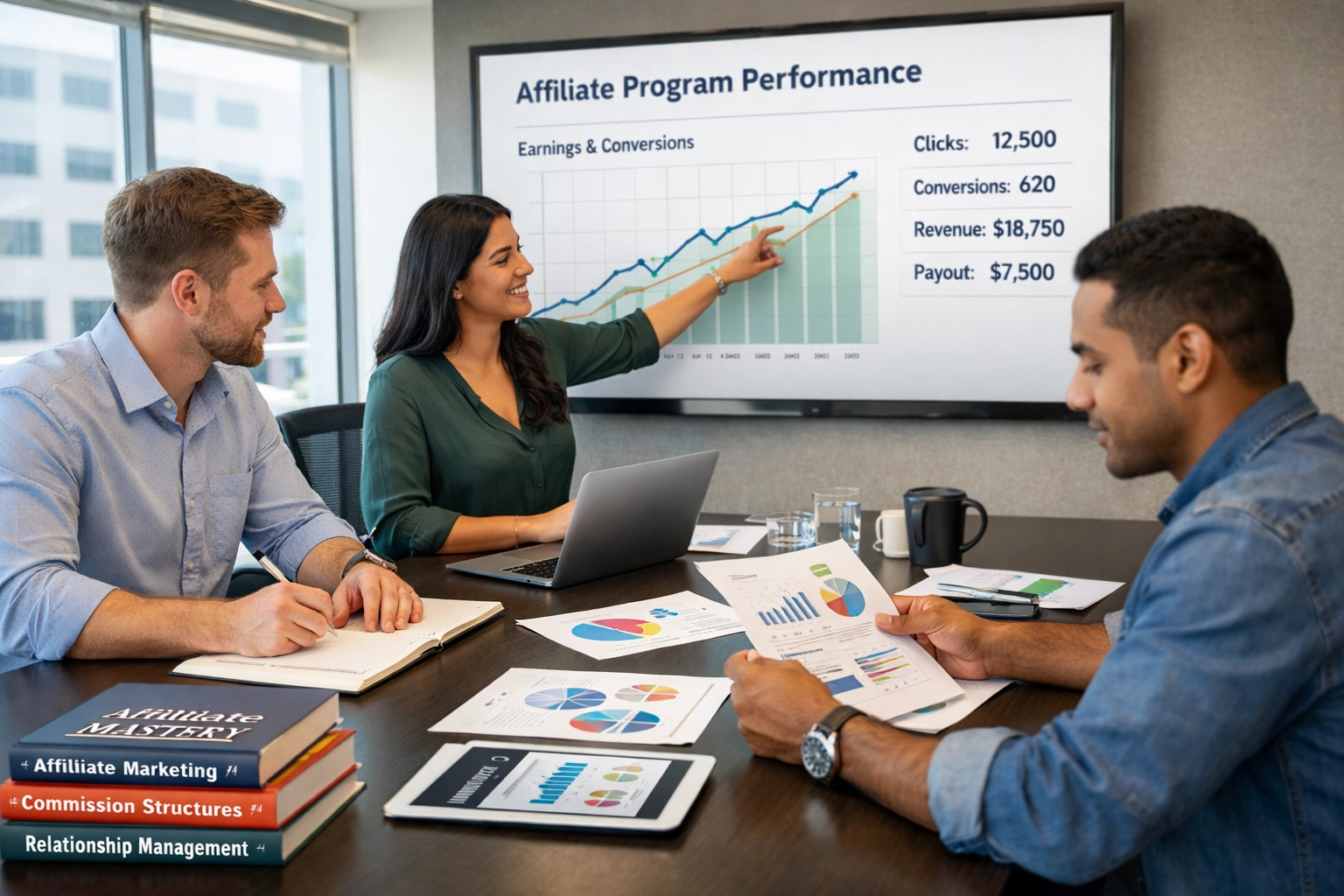 Equipo de profesionales de marketing de afiliados colaborando en estrategia y análisis de rendimiento