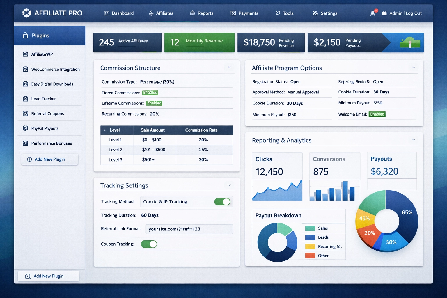 Panel integral de software de afiliados con configuración de plugins y funciones integrada