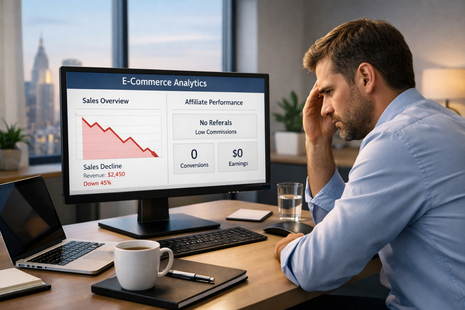Dueño de tienda e-commerce frustrado analizando métricas de baja actividad de afiliados en el panel