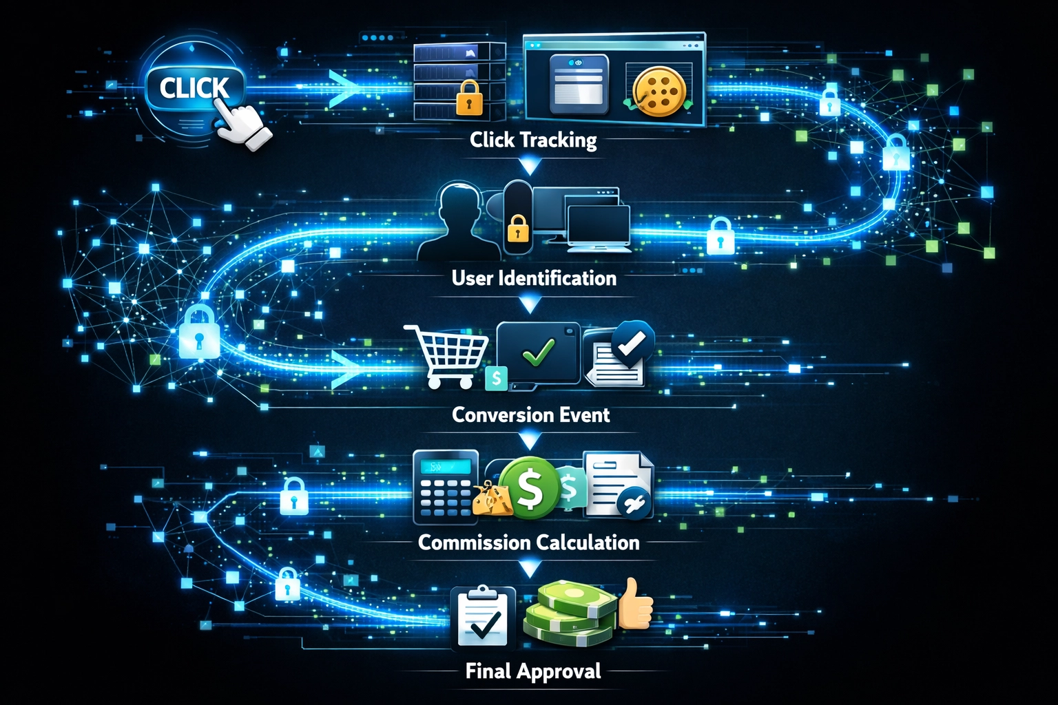 Technical tracking flow showing click tracking, conversion attribution, and fraud detection