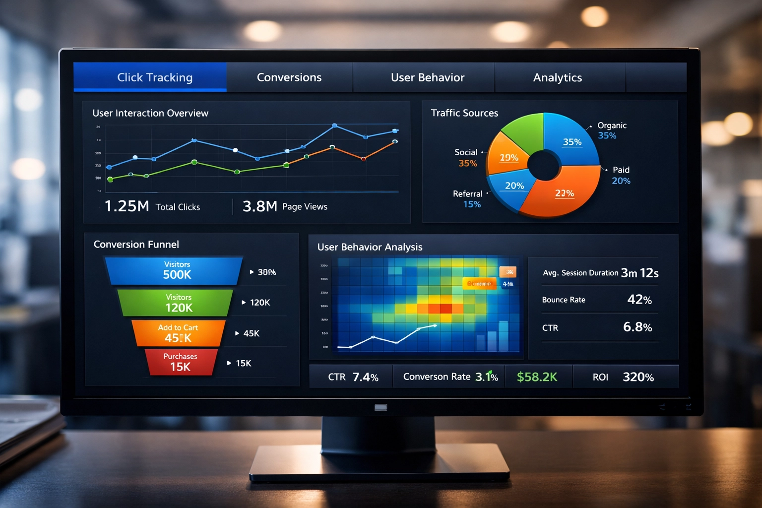 Panel de análisis de seguimiento de clics con métricas de conversión