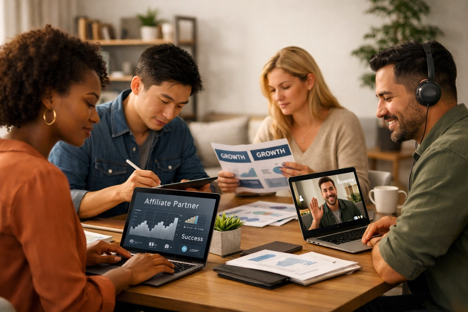 Socios afiliados diversos trabajando en sus negocios independientes en un espacio de trabajo colaborativo moderno