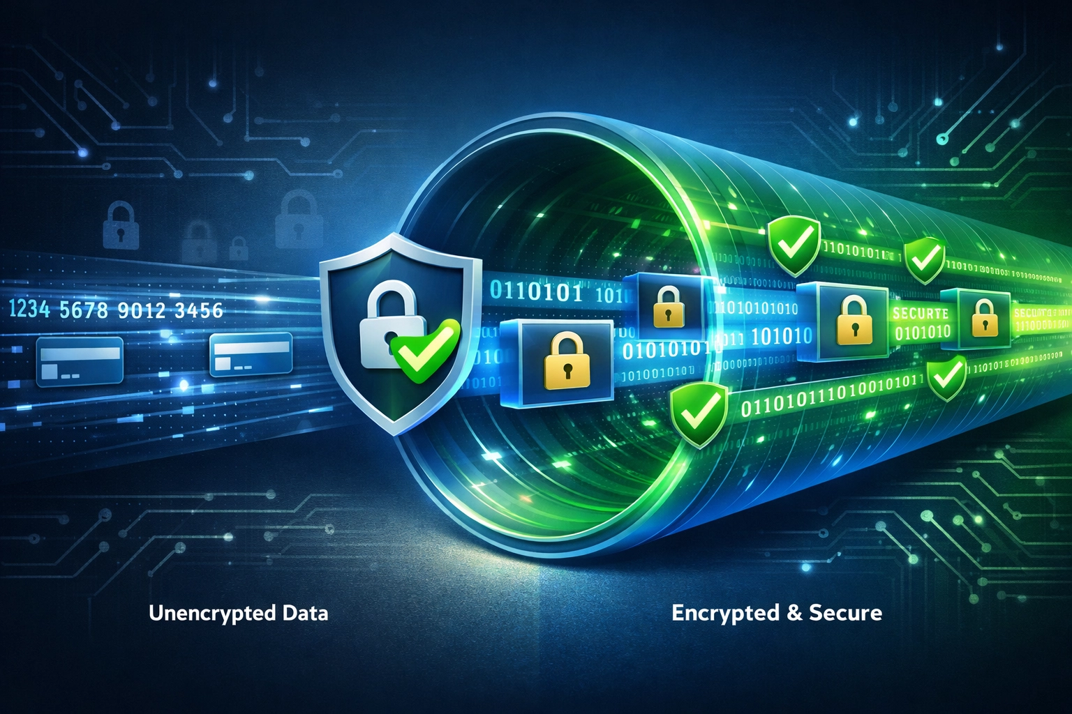 Visualización de seguridad y cifrado de pagos mostrando transmisión segura de datos