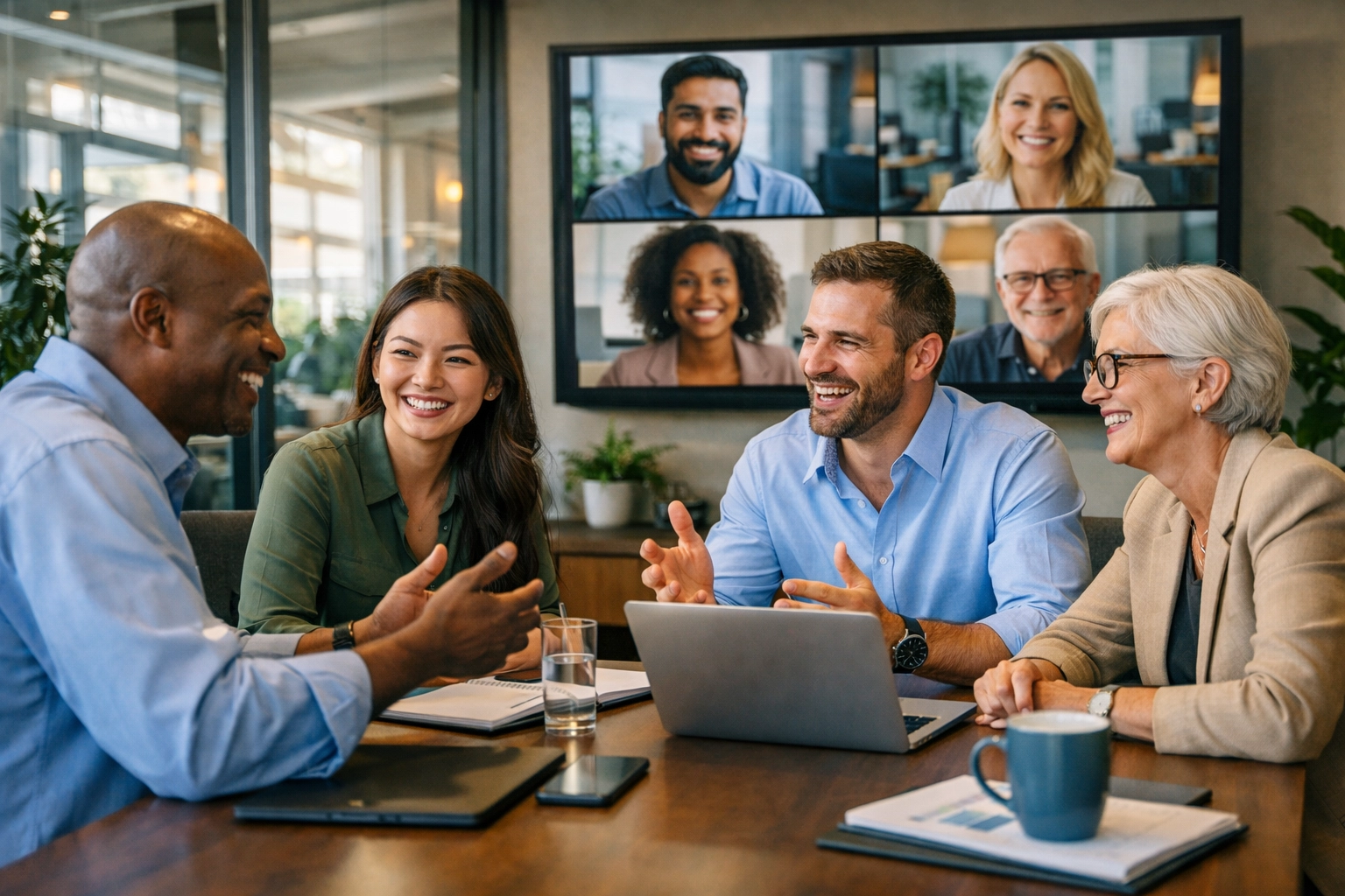Diverse group of professionals collaborating in hybrid meeting environment with teamwork and community