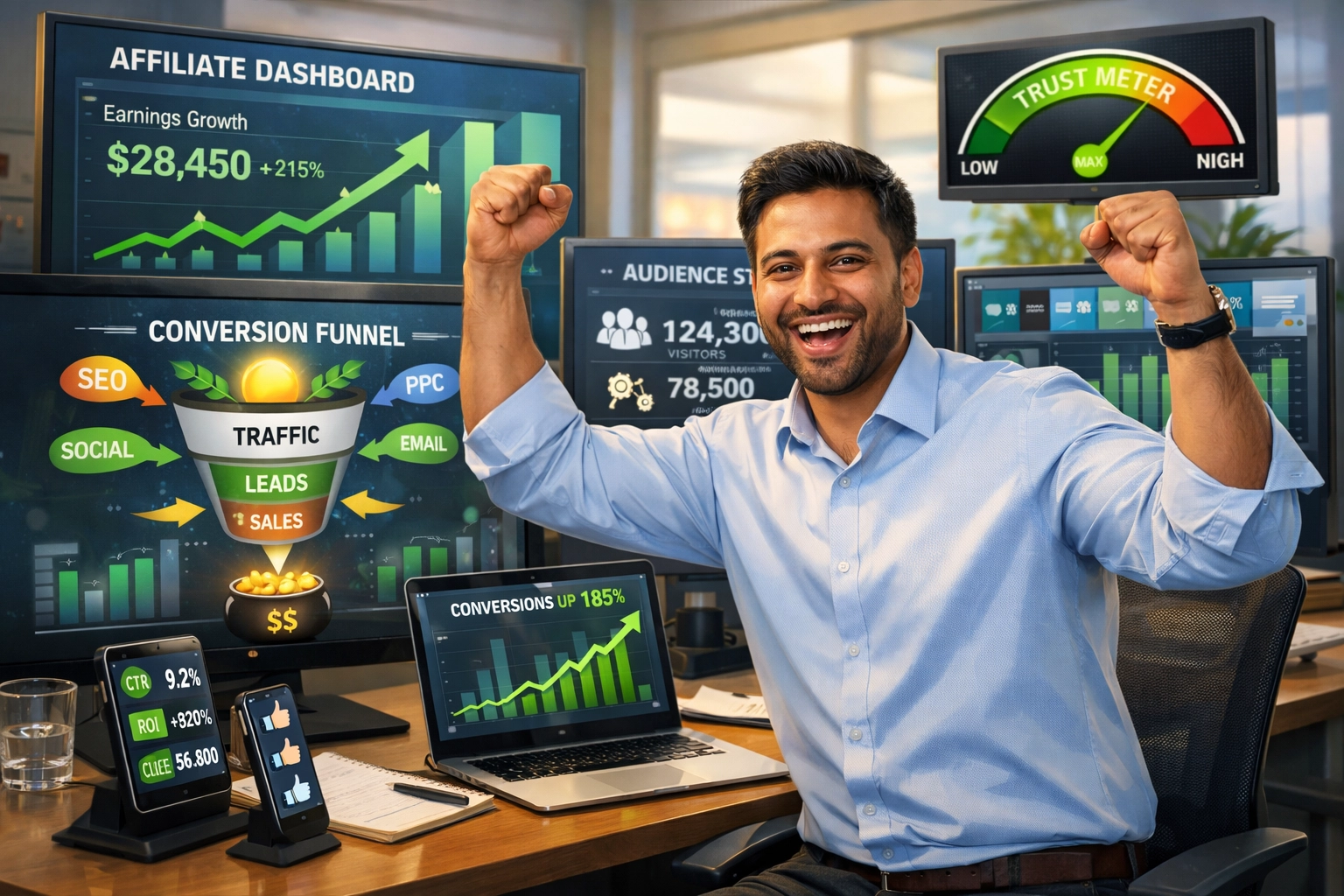 Afiliado exitoso con métricas de tráfico y confianza en crecimiento