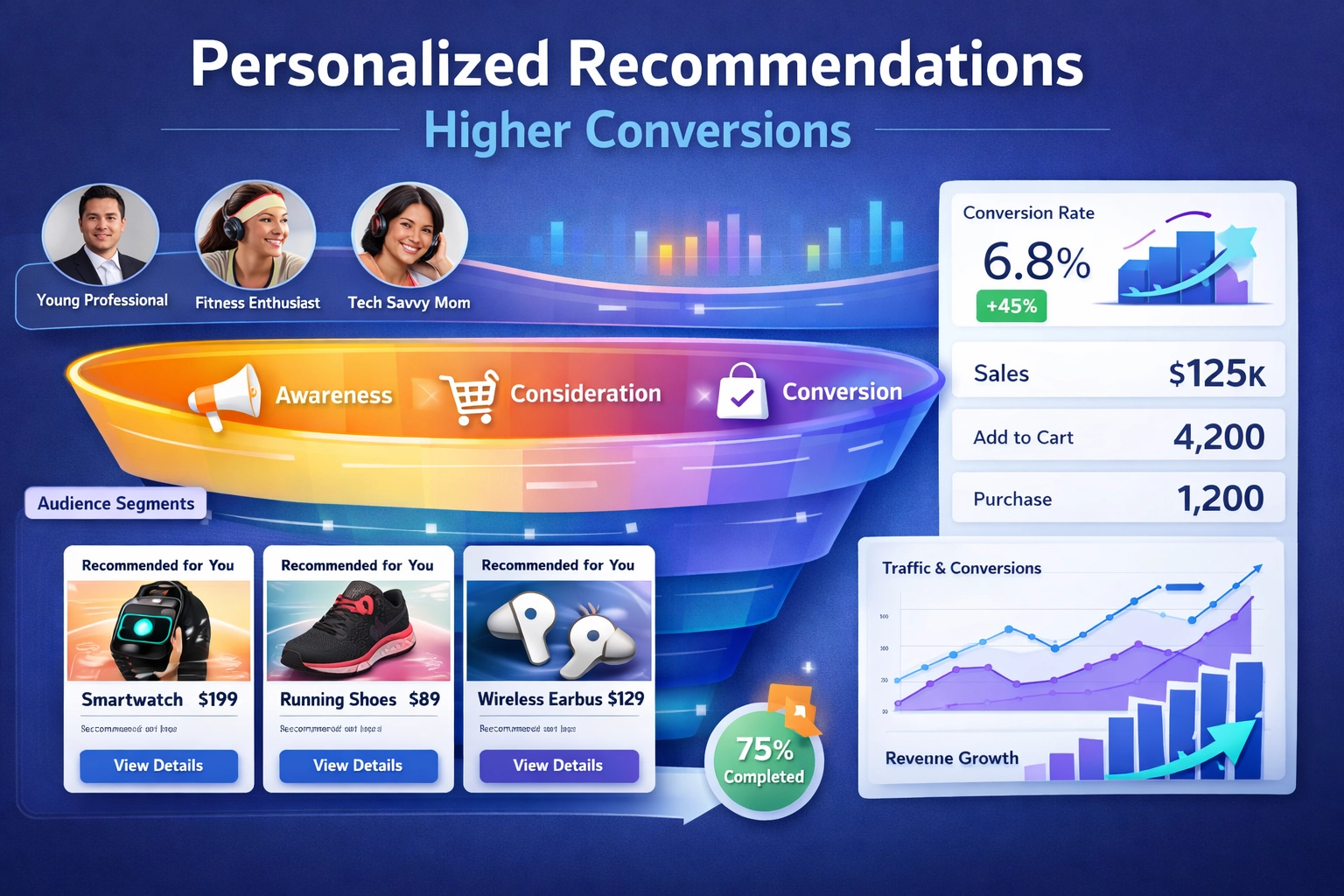 Customer journey visualization showing personalized recommendations and conversion funnel