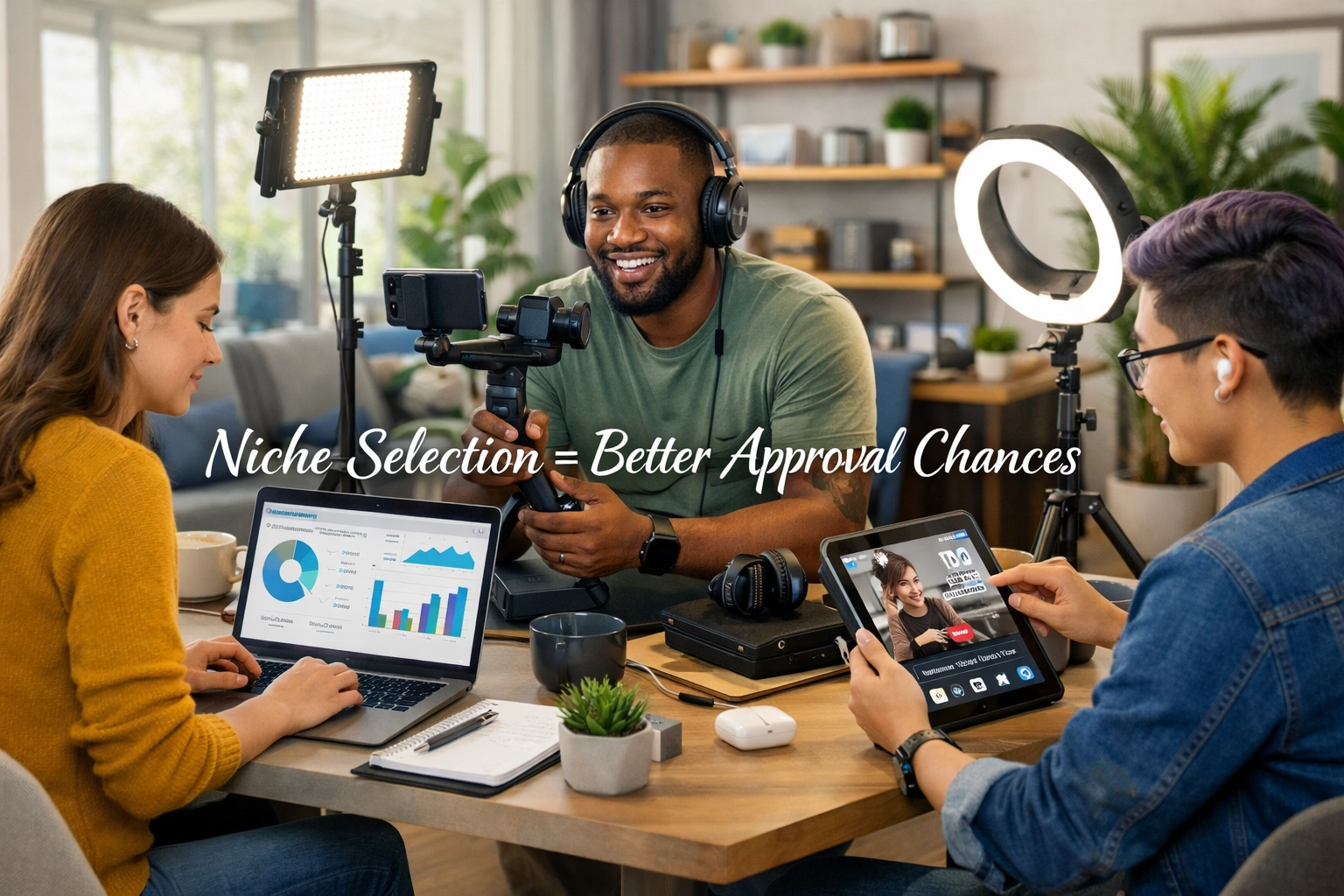 Content creators and affiliate marketers collaborating in modern workspace