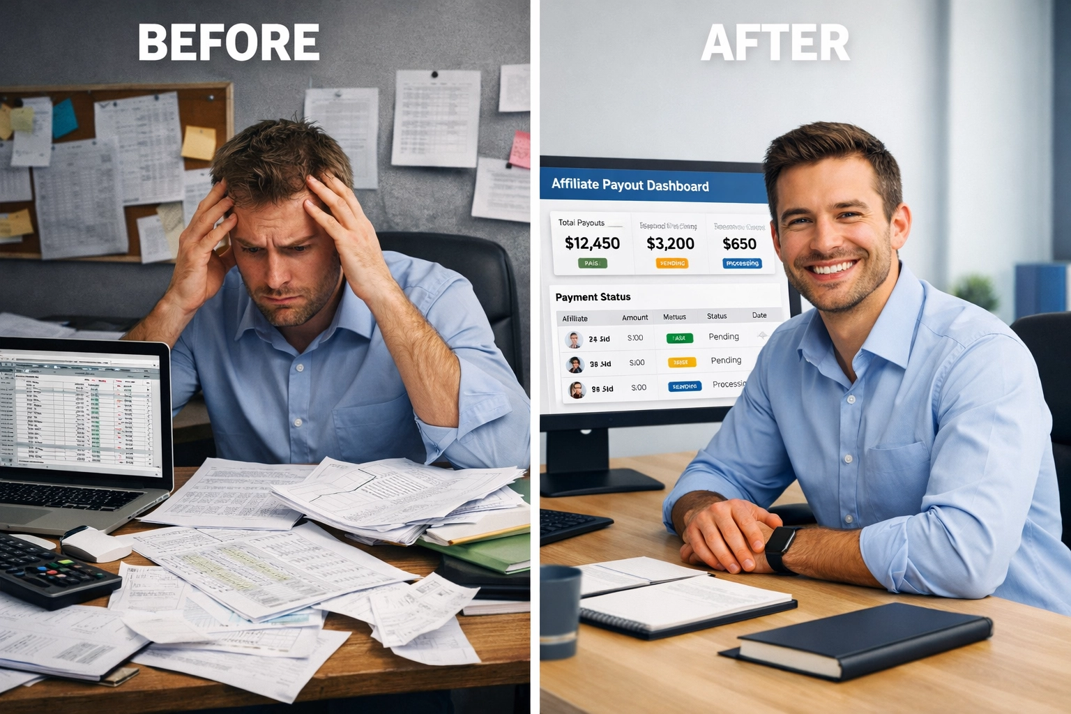 Comparación mostrando antes y después de la gestión de pagos de afiliados con PostAffiliatePro