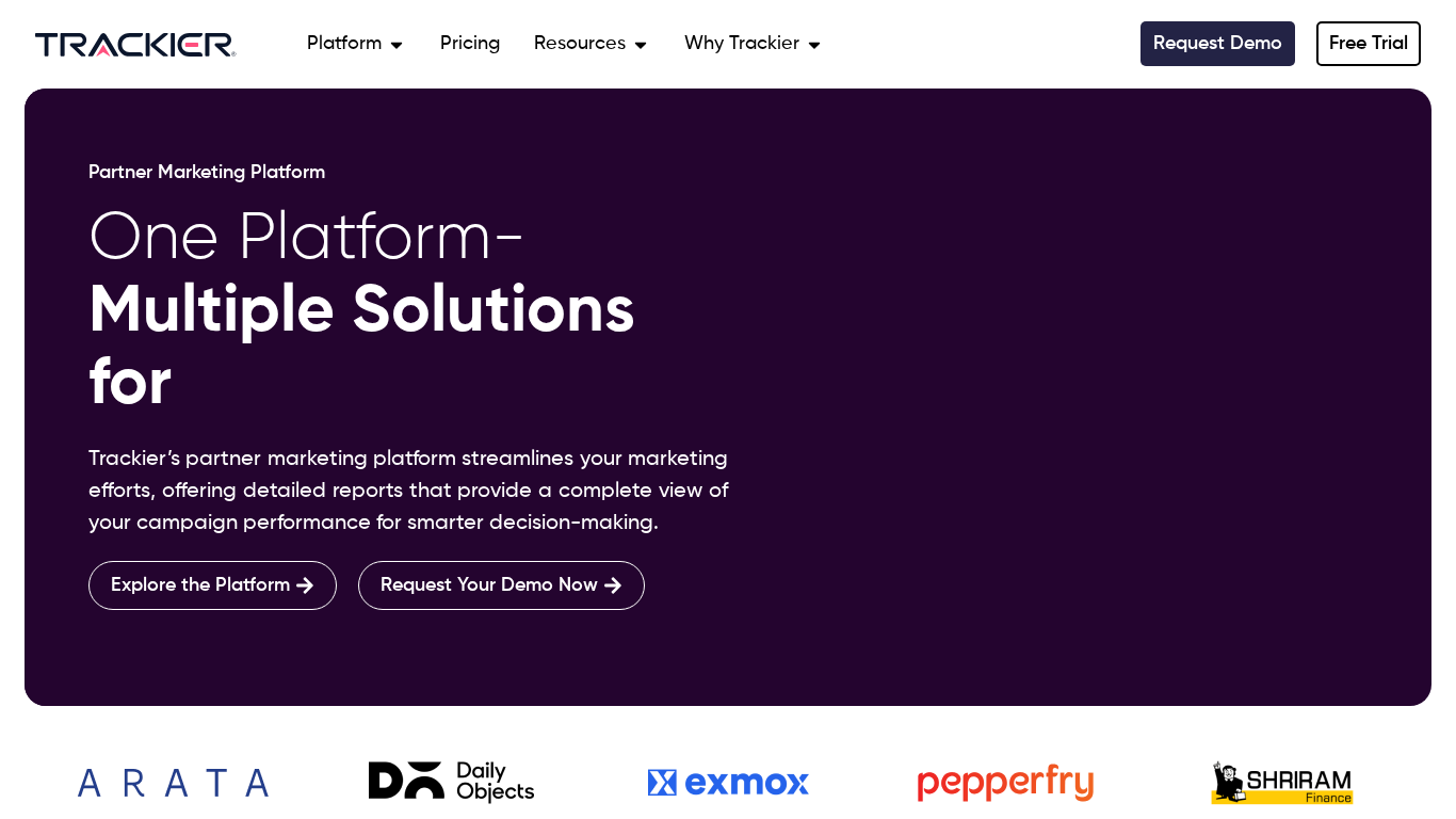 Página principal de la plataforma de marketing de afiliados Trackier