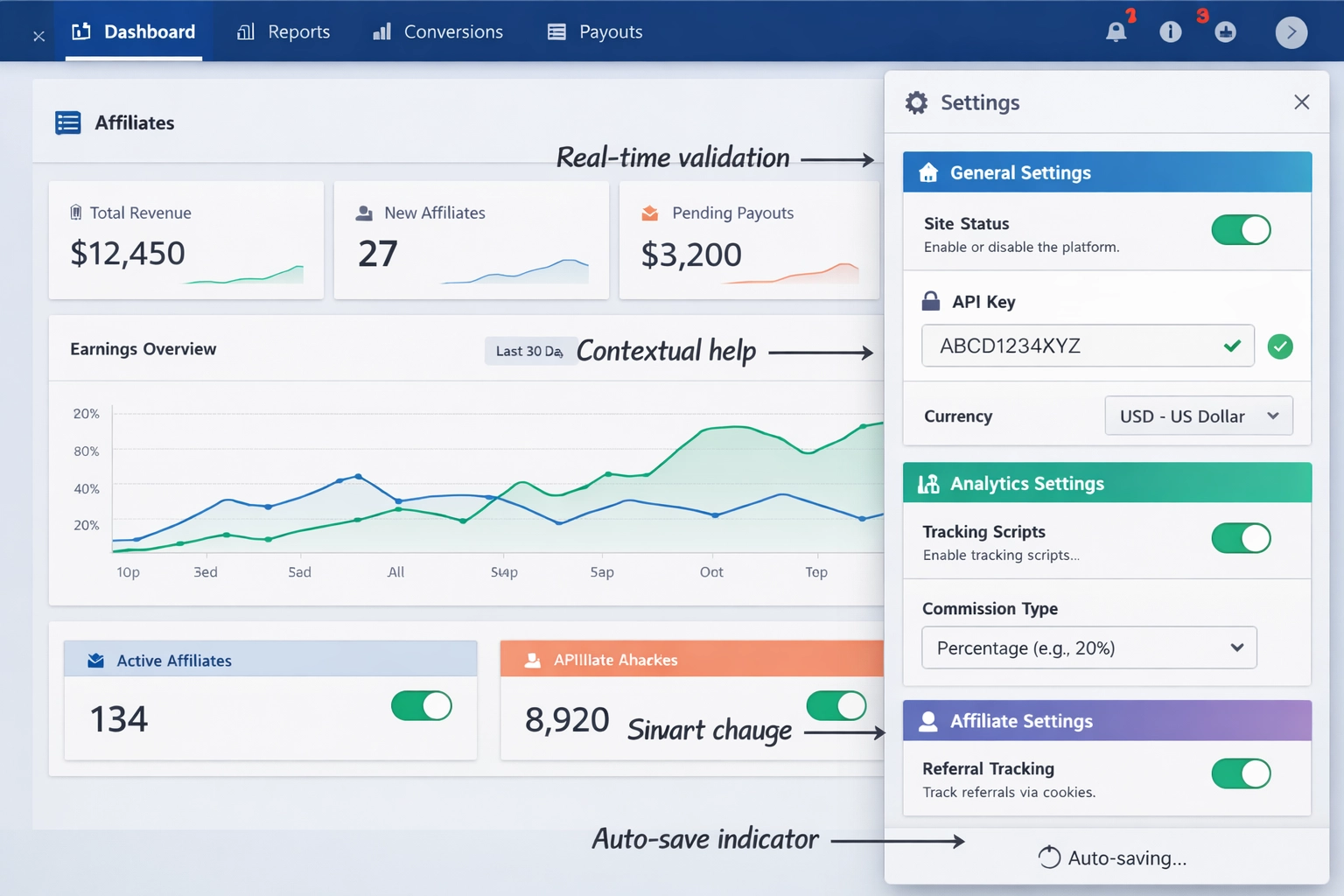 Panel de configuración moderna en la misma página con controles integrados y retroalimentación en tiempo real