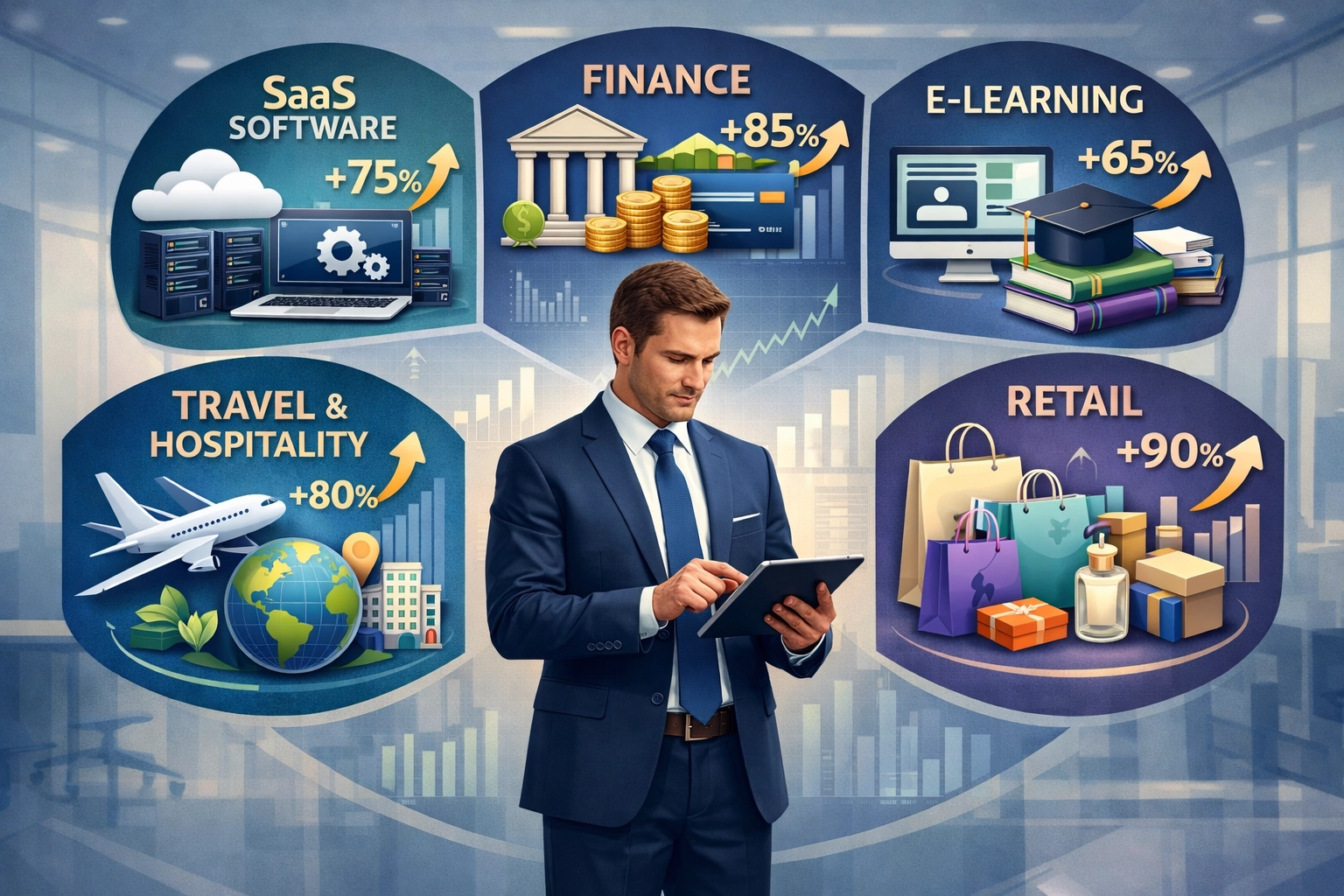 Sectores empresariales diversos mostrando los nichos de SaaS, Finanzas, E-learning, Viajes y Salud & Bienestar con indicadores de crecimiento