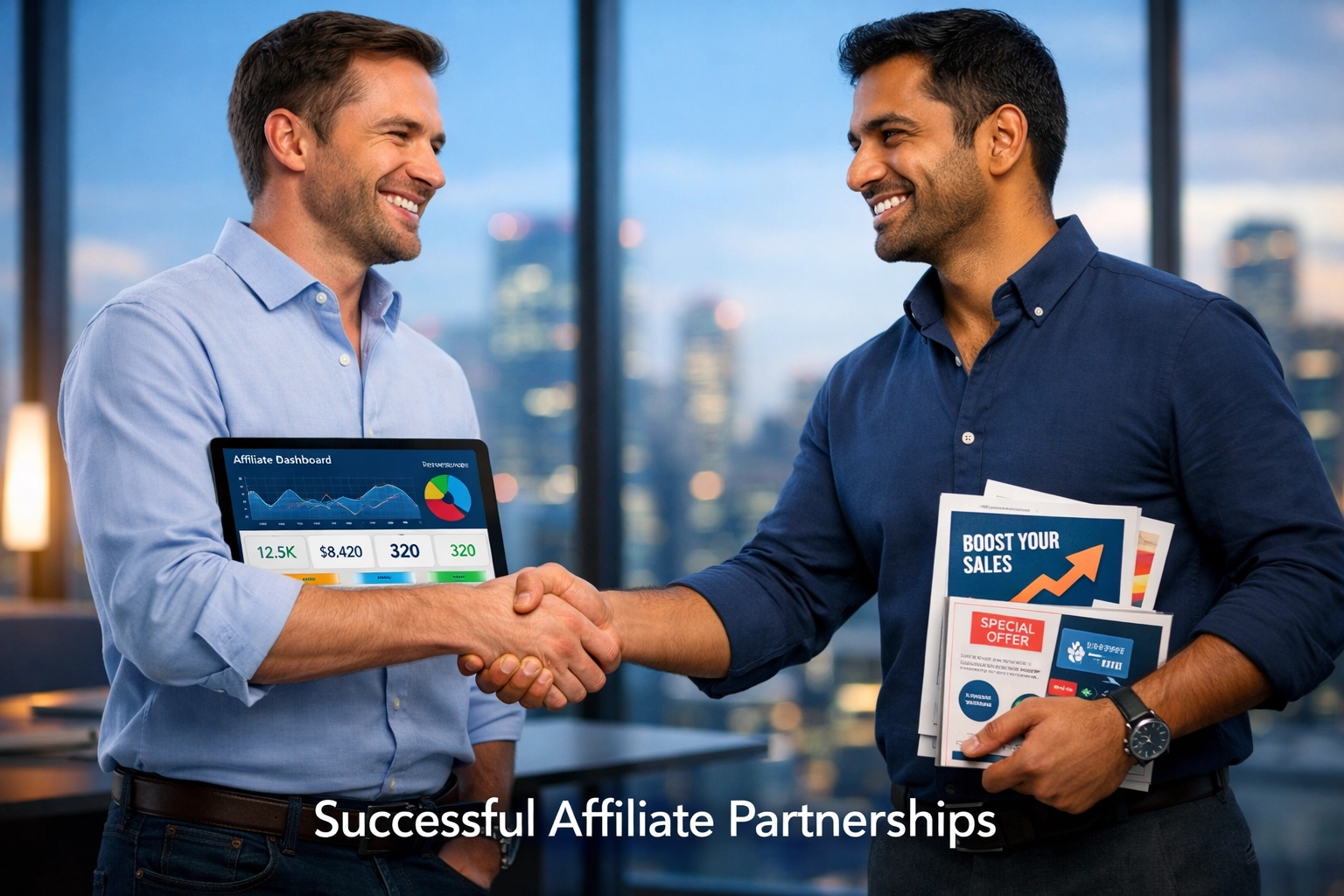 Professional business partnership handshake showing successful affiliate collaboration