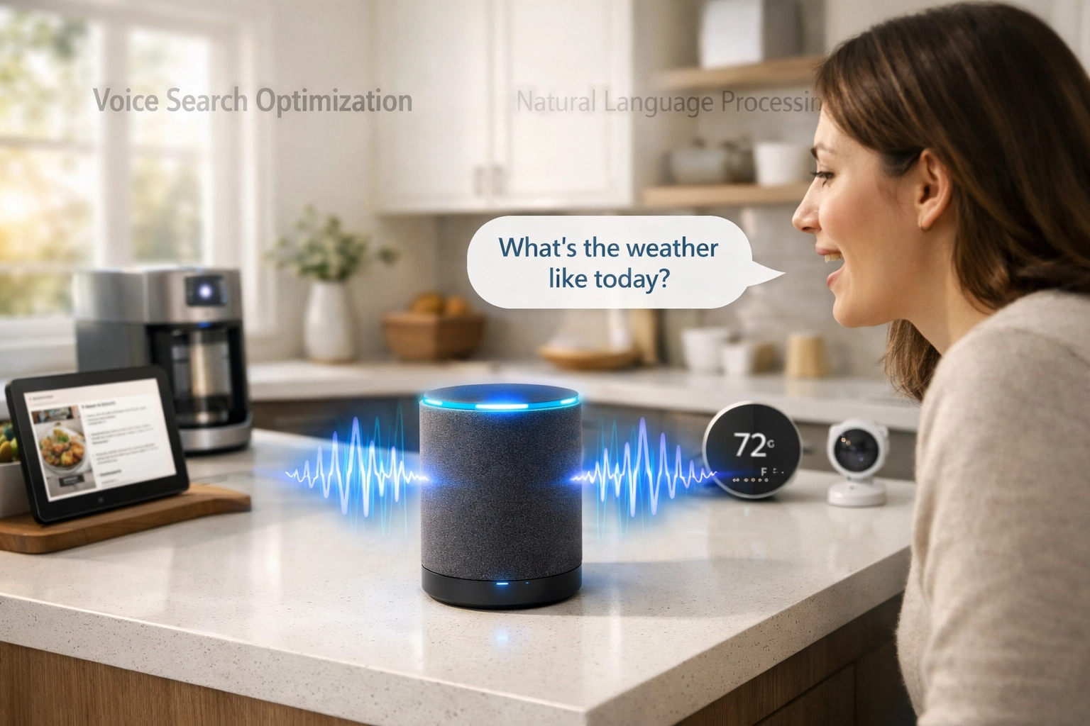 Modern smart home environment showcasing voice search technology with smart speaker and voice optimization visualization