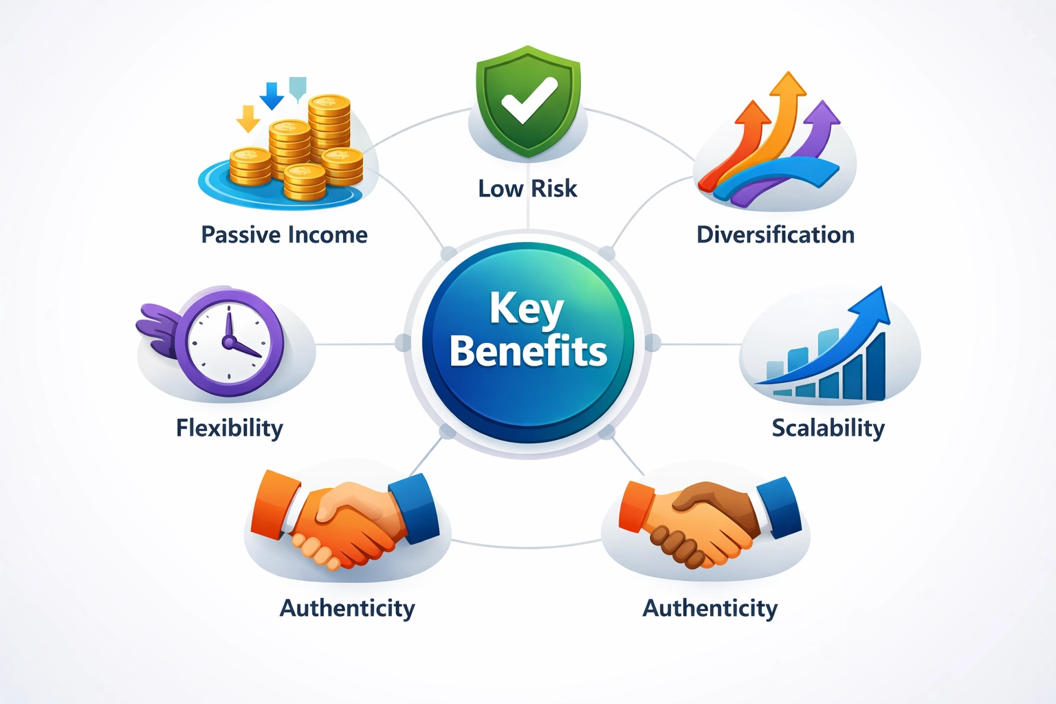 Six key benefits of affiliate marketing illustrated as icons in circular pattern
