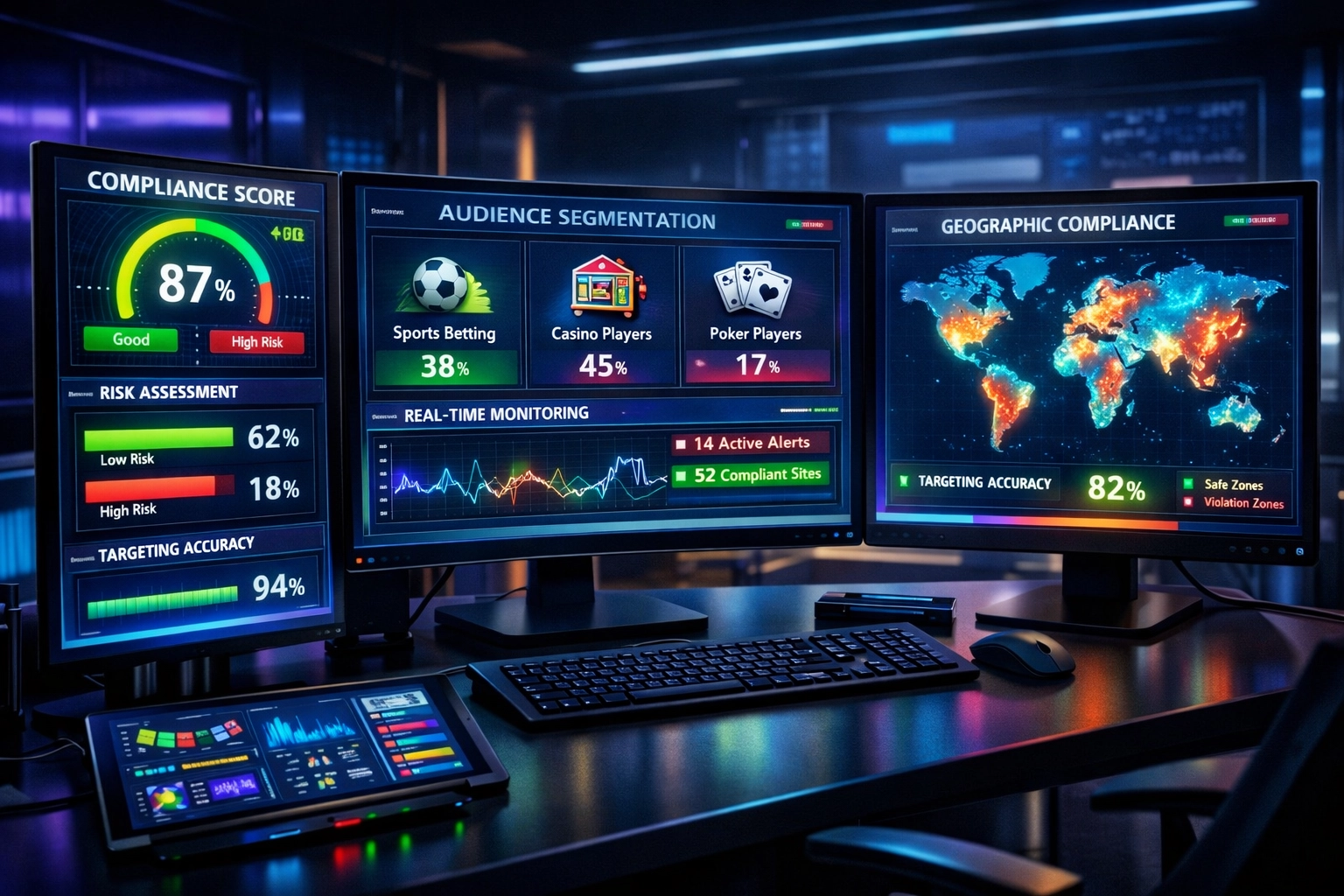 Panel de análisis mostrando métricas de cumplimiento y segmentación de audiencia para marketing de afiliados de juegos de azar
