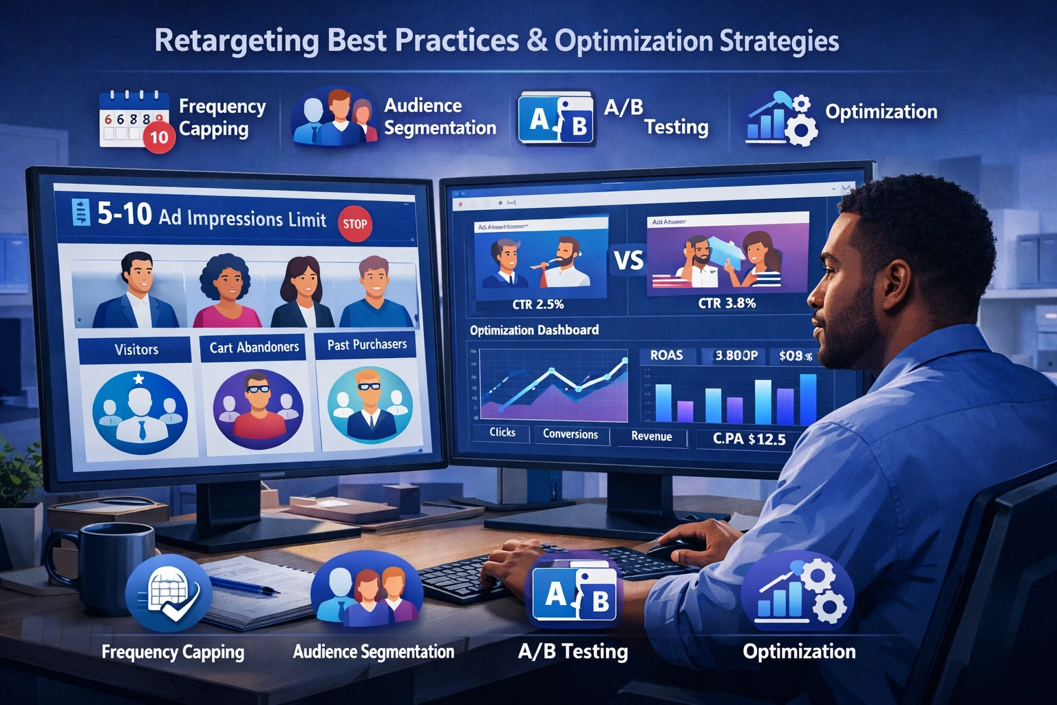 Professional illustration showing retargeting best practices and optimization strategies