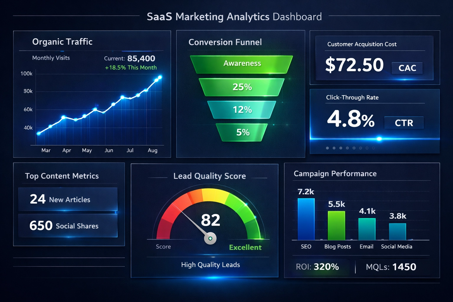 Panel de análisis de marketing SaaS mostrando métricas clave de rendimiento y datos de estrategia de contenido
