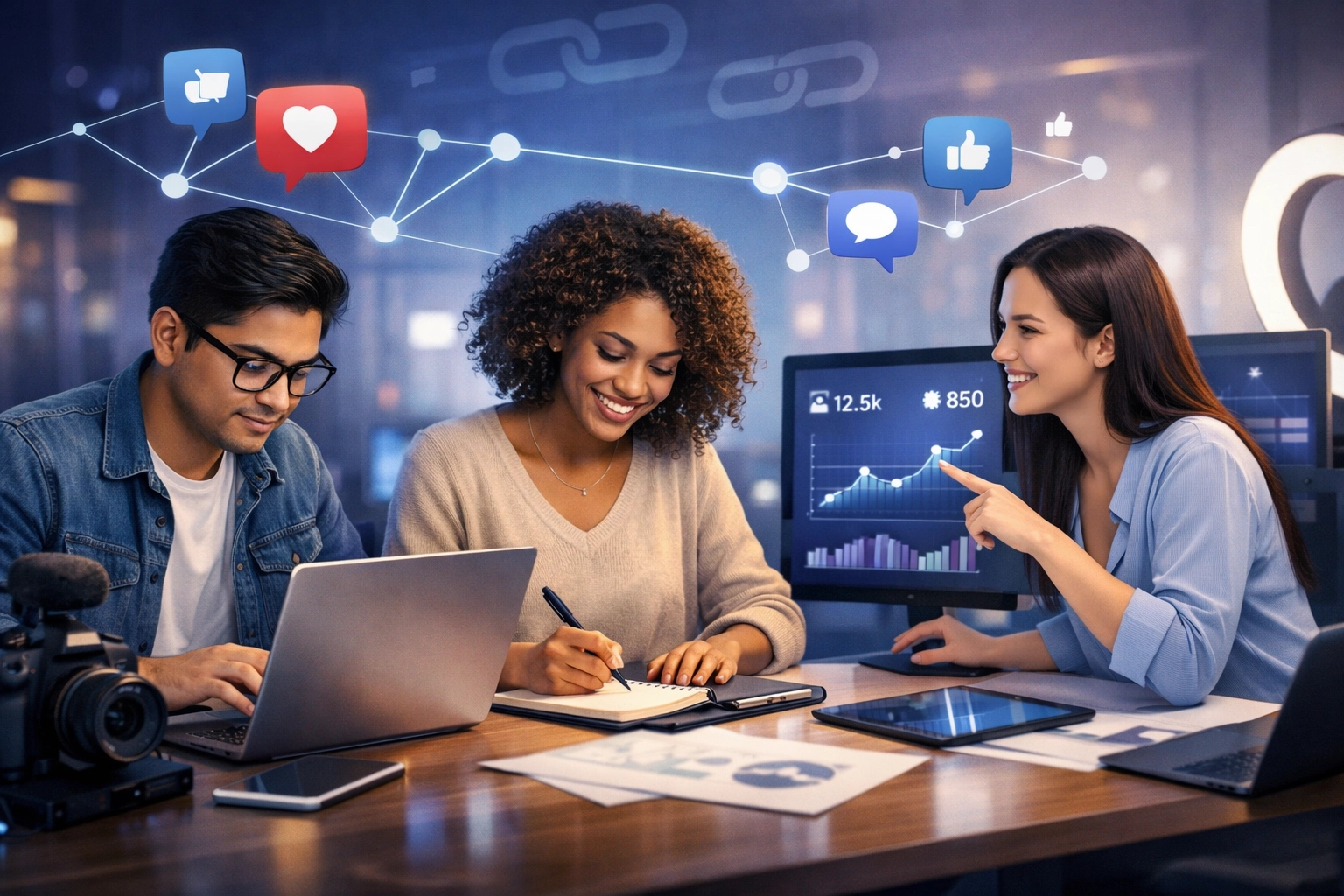 Influencers colaborando en la creación de contenido para backlinks en redes sociales