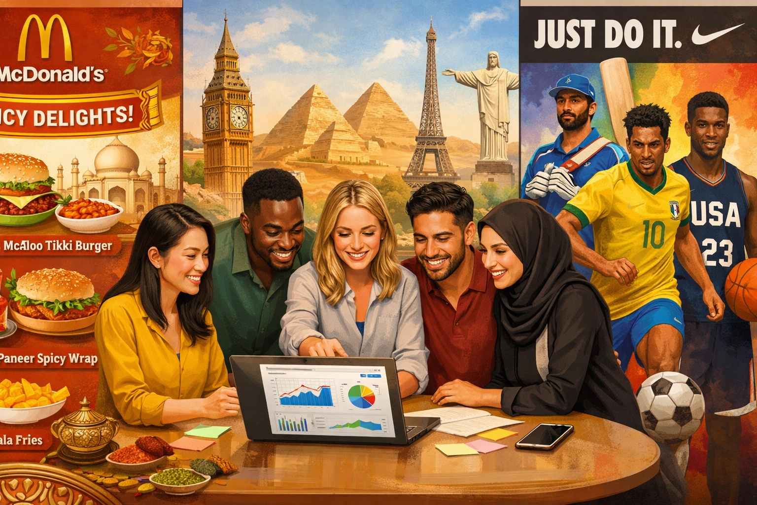 Equipo culturalmente diverso colaborando en estrategias localizadas de marketing de afiliados en diferentes regiones