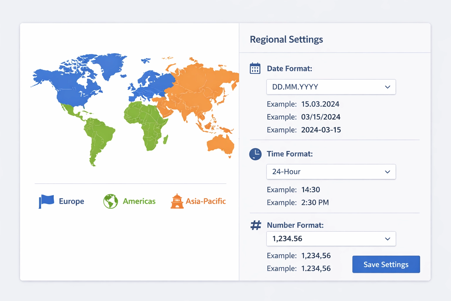 Panel de configuración regional con mapa mundial y ejemplos de formato de fecha
