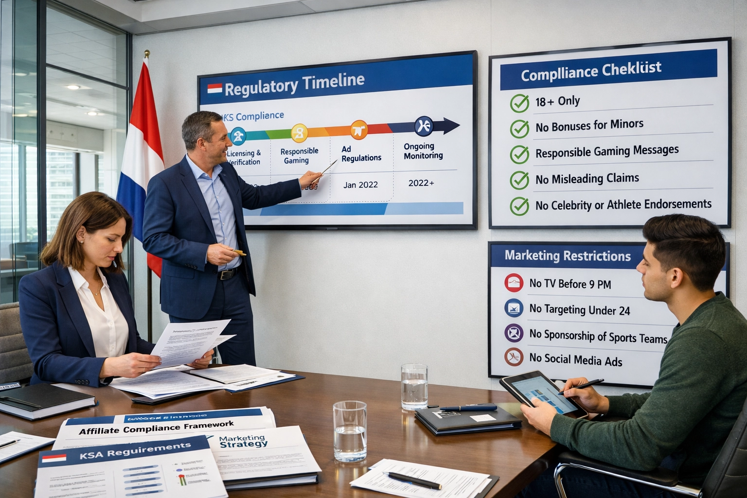 Equipo de profesionales de marketing colaborando en una estrategia de cumplimiento de juegos de azar neerlandesa en una oficina moderna