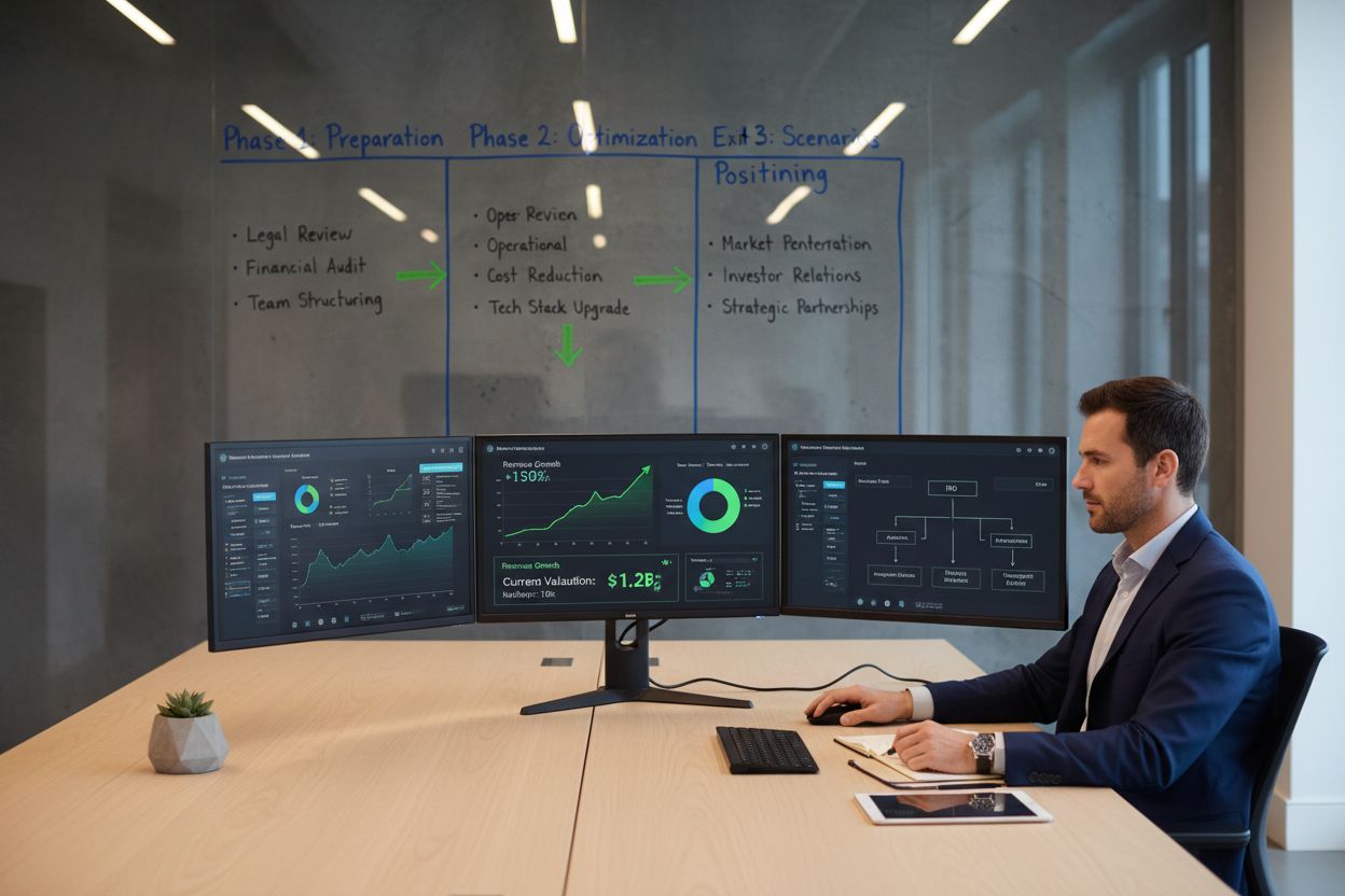 Strategic business planning showing exit timeline with preparation, optimization, and positioning phases