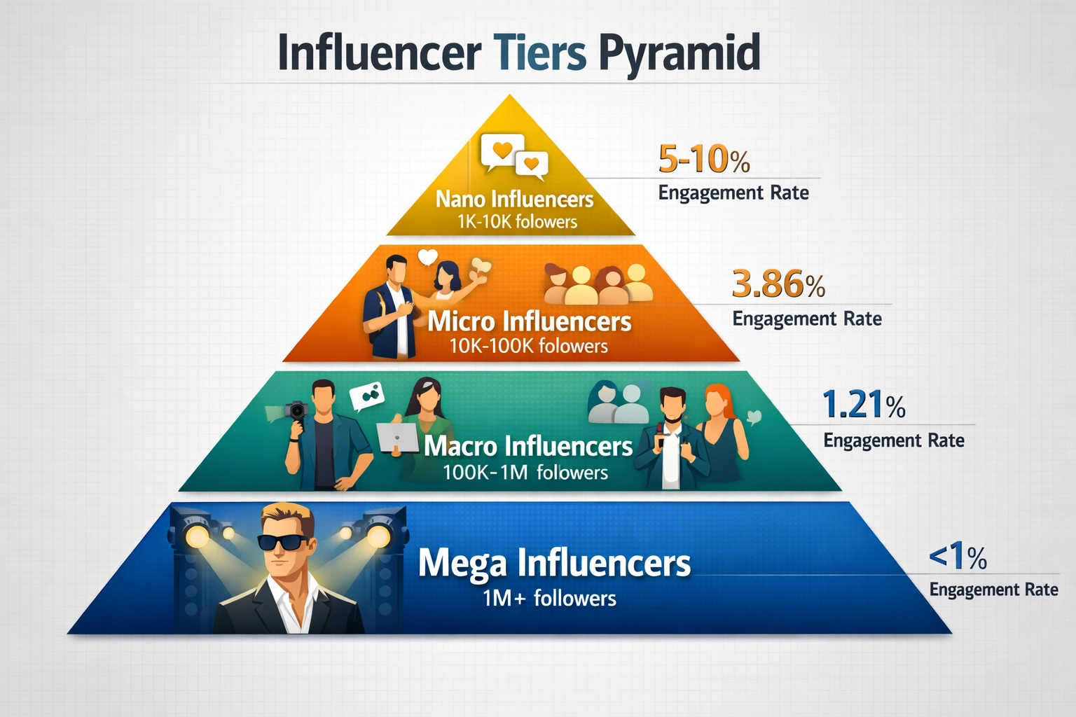 Pirámide de niveles de influencers mostrando nano, micro, macro y mega influencers con tasas de engagement