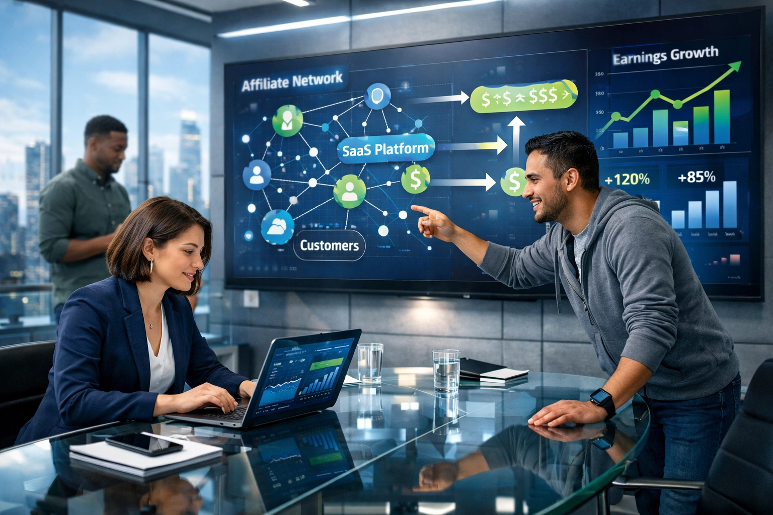 Equipo profesional de marketing de afiliados SaaS colaborando con un panel de análisis