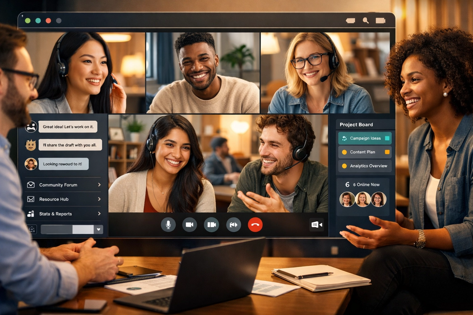 Comunidad virtual de afiliados y plataforma de networking con grupo diverso colaborando